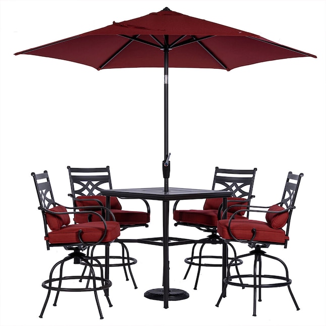 Hanover Montclair 5 Brown Bar Height Patio Set With Red Olefin Cushions In The Dining Sets Department At Com - Bar Height Patio Set With Umbrella Hole