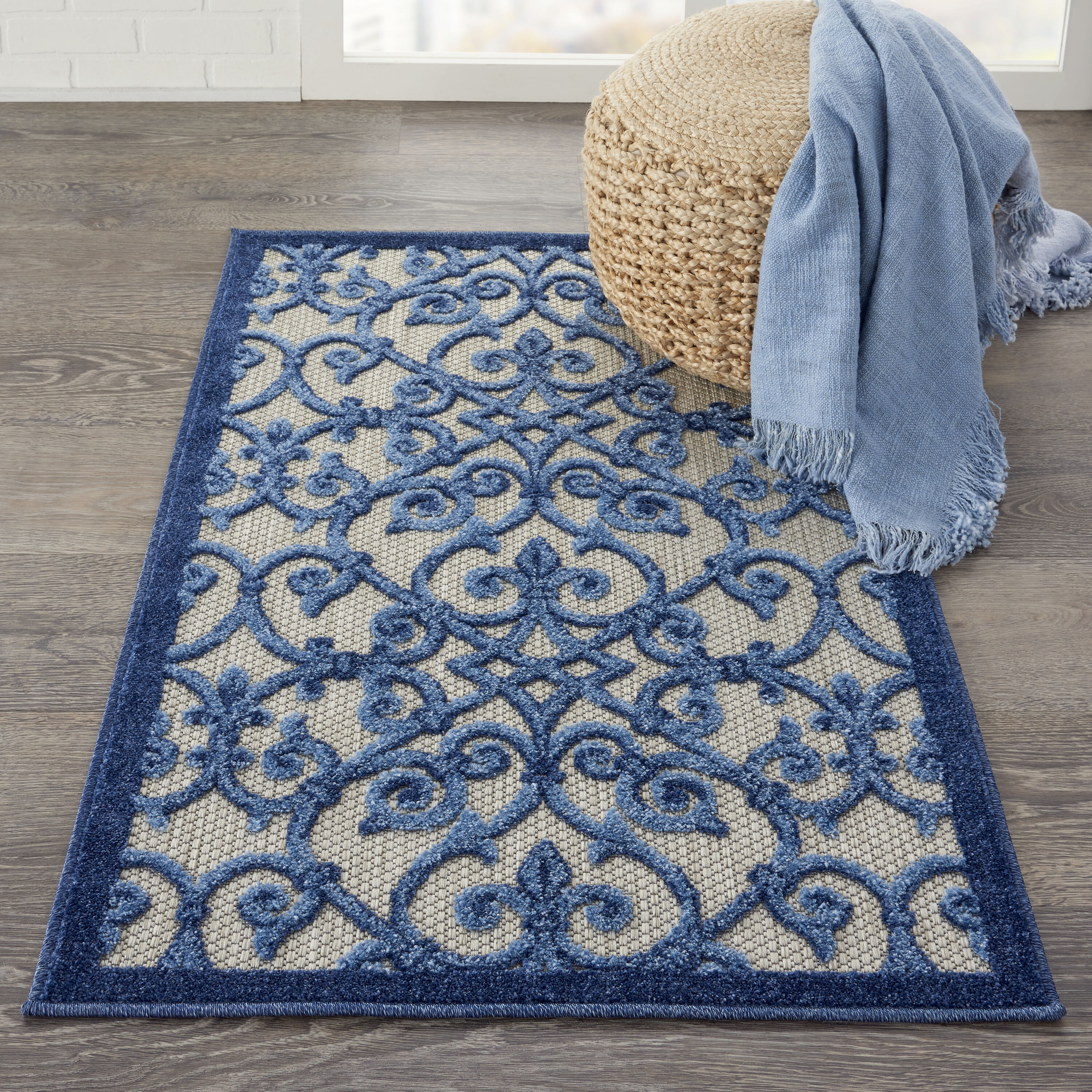 Nourison 99446739650 Aloha 2 x 4 (ft) Loomed Polypropylene Grey/blue Rectangular Indoor/Outdoor Abstract Area rug