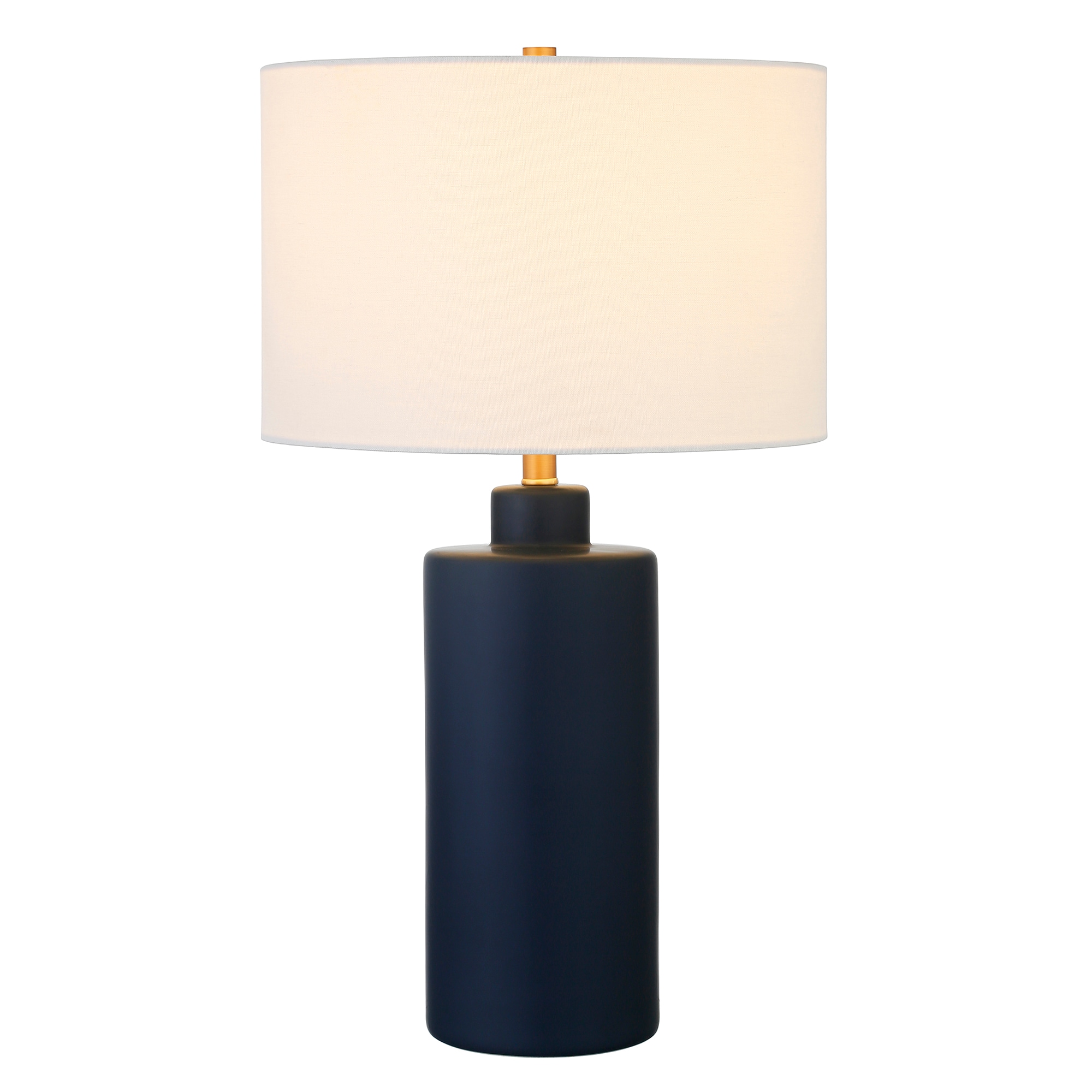 Navy Ceramic Cylinder Nightstand Lamp with White Linen Shade