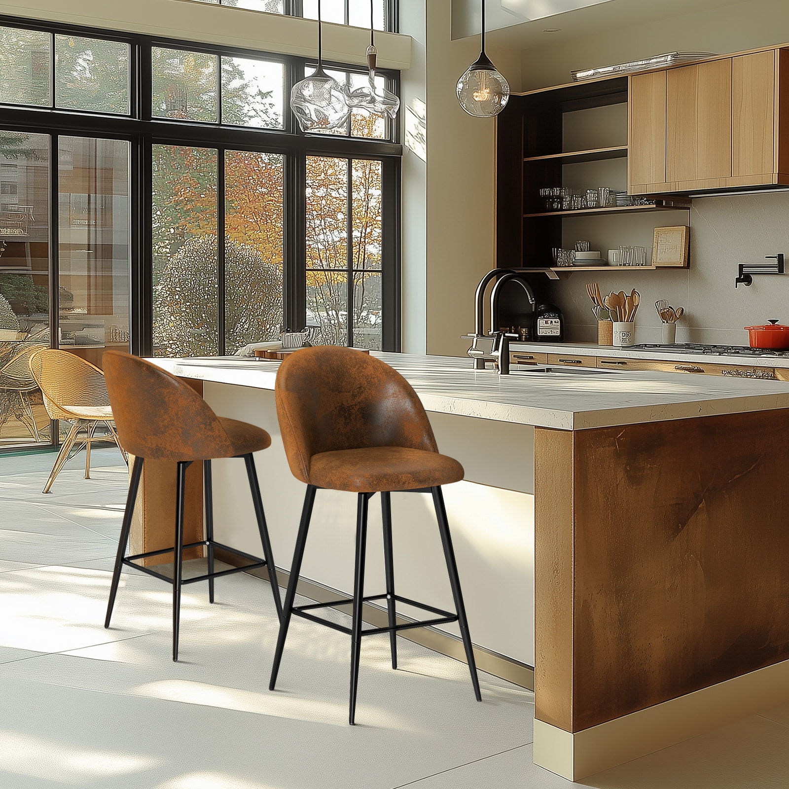 Homy Casa HASEEB BROWN 2 HASEEB 26 in. Modern Swivel Upholstered Counter Height Bar Stool with Curved Back Saddle Brown Fabric and Matte Black Legs (Set of 2)