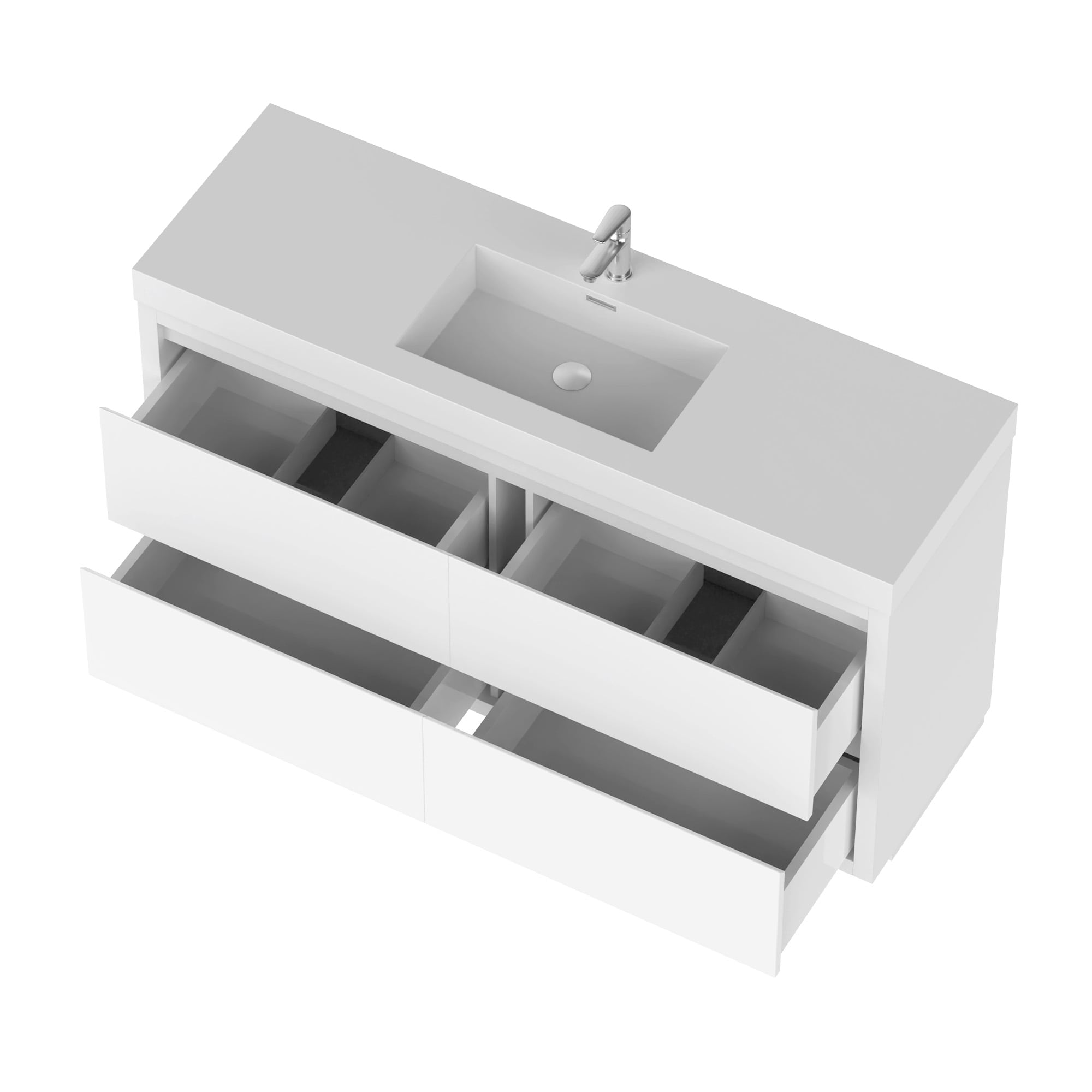 Glossy White 60-Inch Single Sink Bathroom Vanity with Resin Top