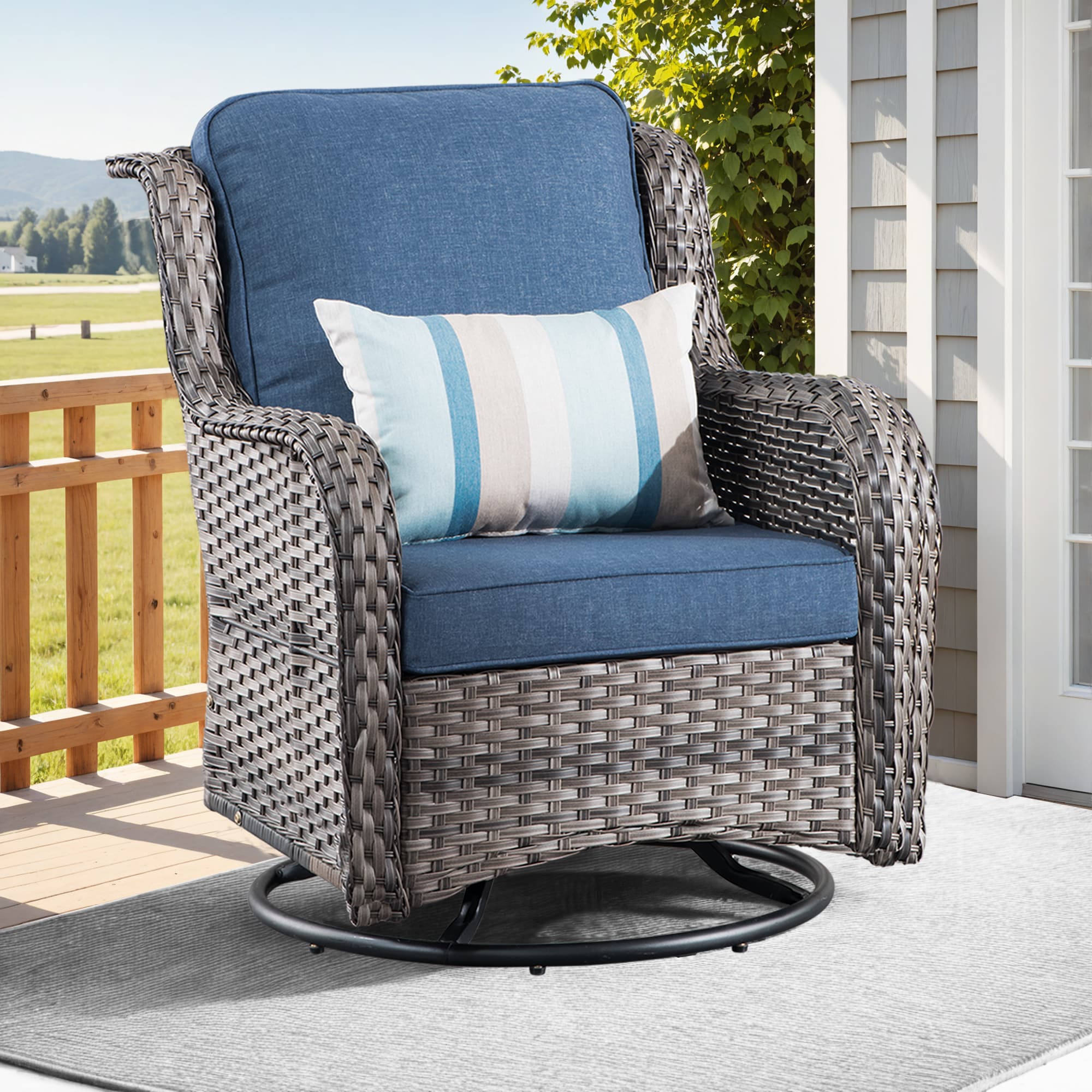 Pouuin SYZGNTC301 Wicker Gray Metal Frame Swivel rocker Rocking Chair with Blue Cushioned Seat