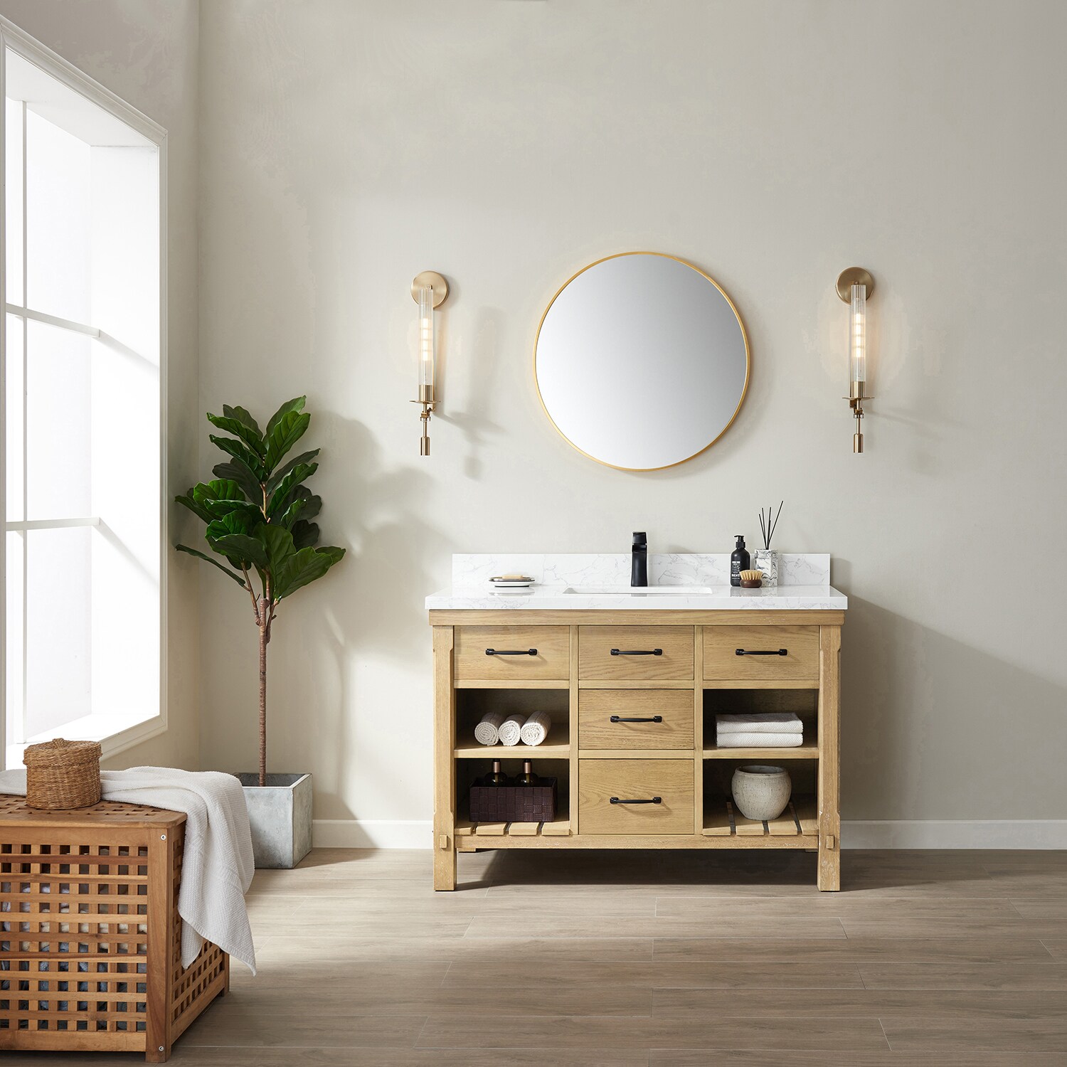 Vinnova Valencia 48 In Washed Ash Undermount Single Sink Bathroom Vanity With White Engineered