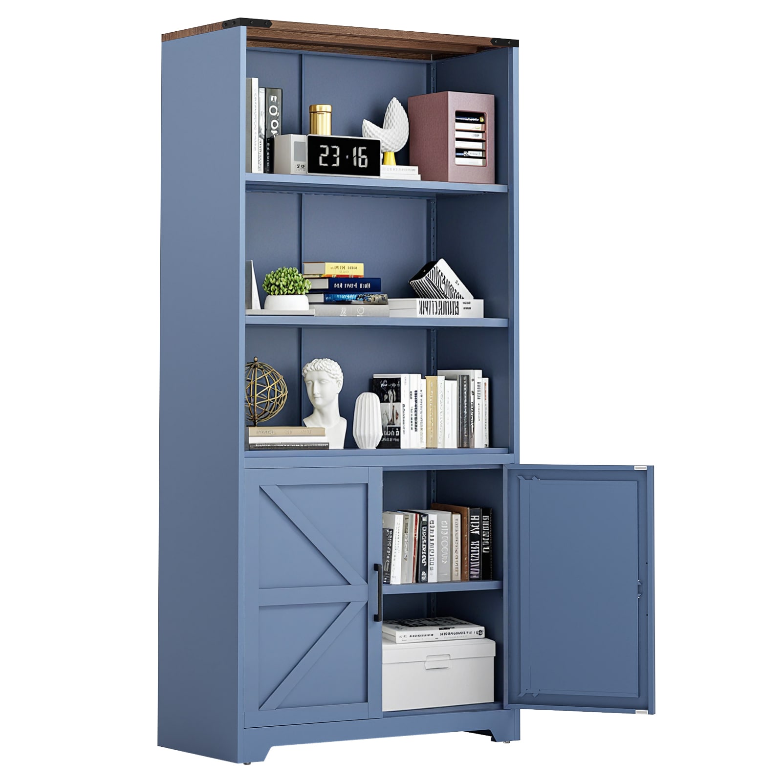 VINGLI 15.4D x 31.5W x 69.7H Farmhouse Metal Bookcase with Doors and Adjustable Shelves /Tall Bookshelf Display Cabinet Blue