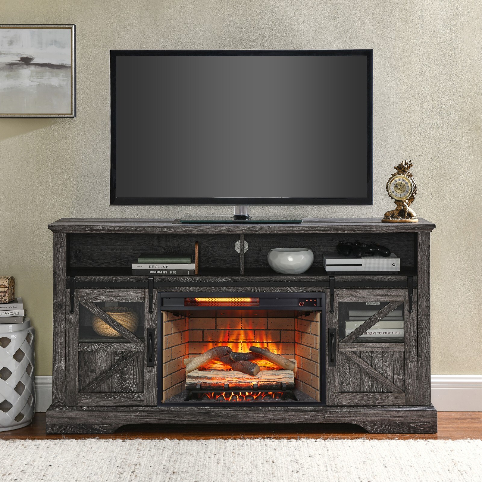 GlasFlength  60 Inch Farmhouse Electric Fireplace TV Stand with Barn Door Cabinets and Multi Color Flame Electrical Fireplace with Remote Control for Living Room Bedroom Dark Oak