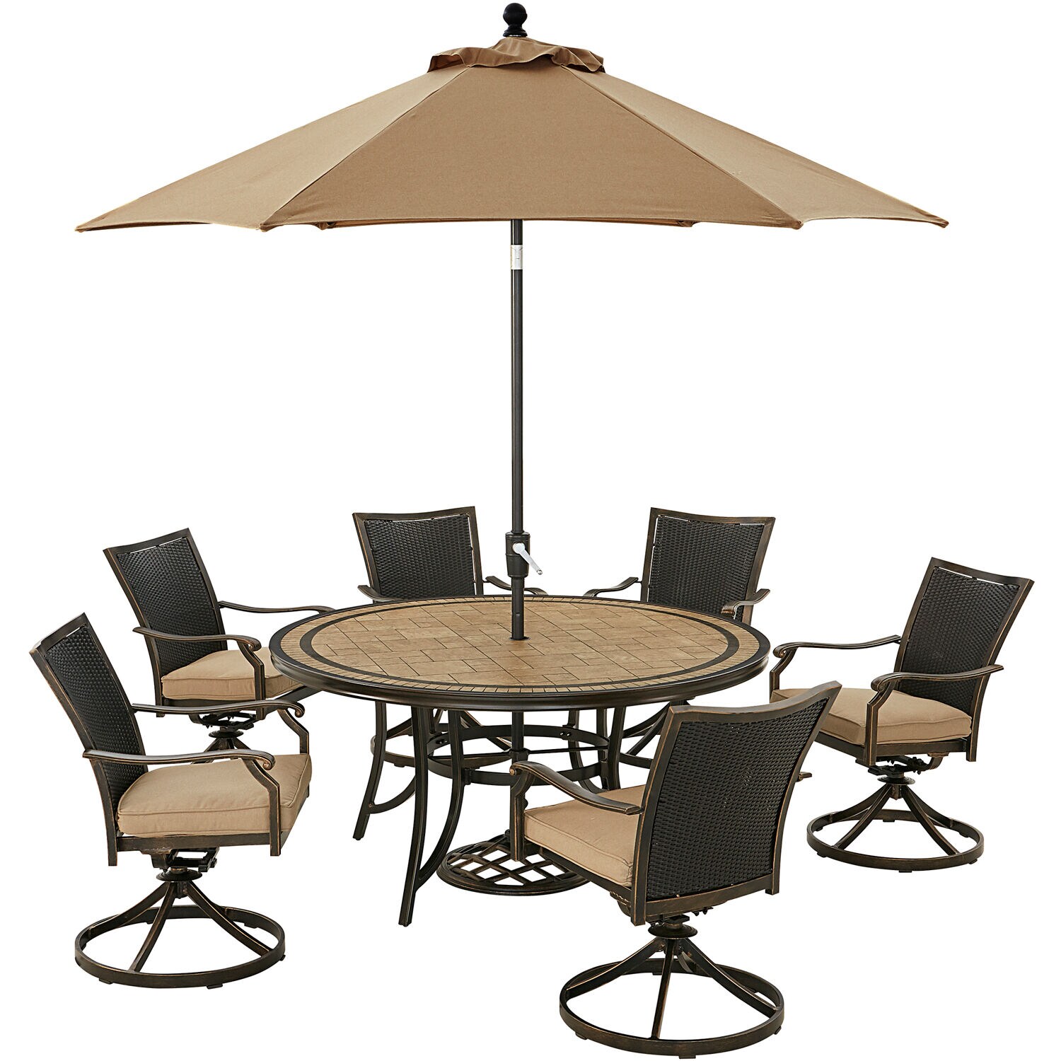 Hanover MONDNWB7PCSW6RDTLSUT Monaco 7-Piece Brown Patio Dining Set Aluminum Round Table with 6 Tan Cushions Swivel Rocker Chairs