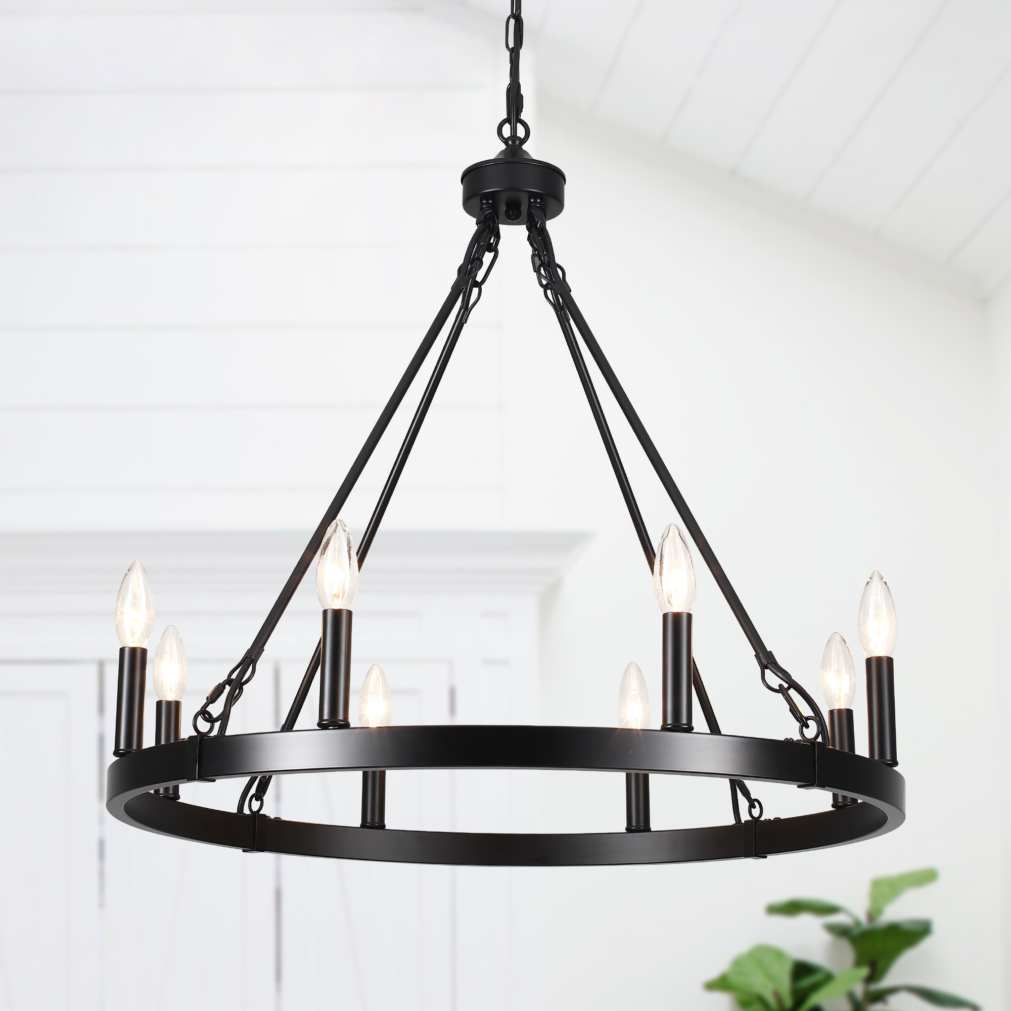 Zjvaive 8-Light 25.98inch Black Wagon Wheel Chandelier Adjustable 23.62-82.67in Chain E12 Socket Max 60W Farmhouse Ceiling Light Fixture Bulbs Not Included for Living Room Dining Room #LS1-2-D0154-8-B