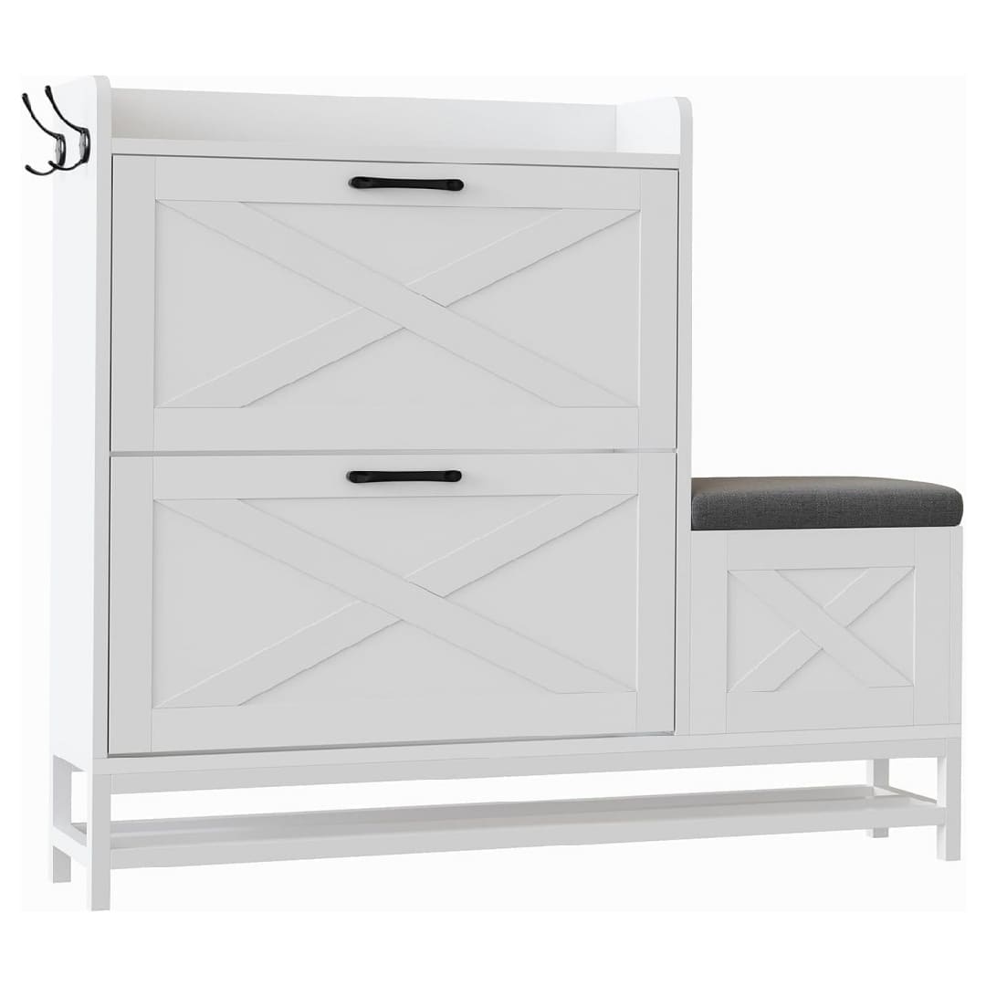 Qeetex NL-PHK-343HLGW8 White Shoe Cabinet with Bench Farmhouse Narrow Slim Shoe Storage Cabinet 2 Flip Drawers for Entryway Hallway Living Room