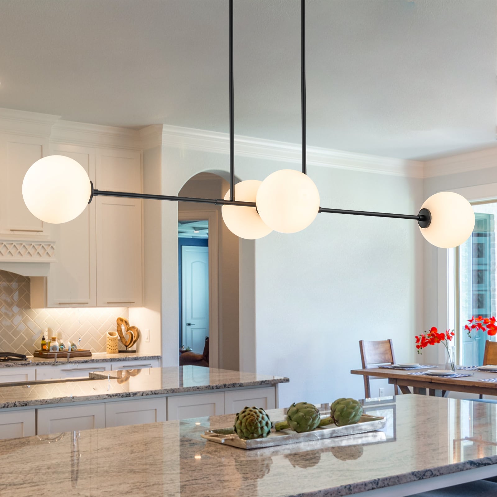 EDISLIVE Y81010000049048 Deerfield 4 -Light Black Modern/contemporary Opal glass Linear Large Hanging Kitchen island light