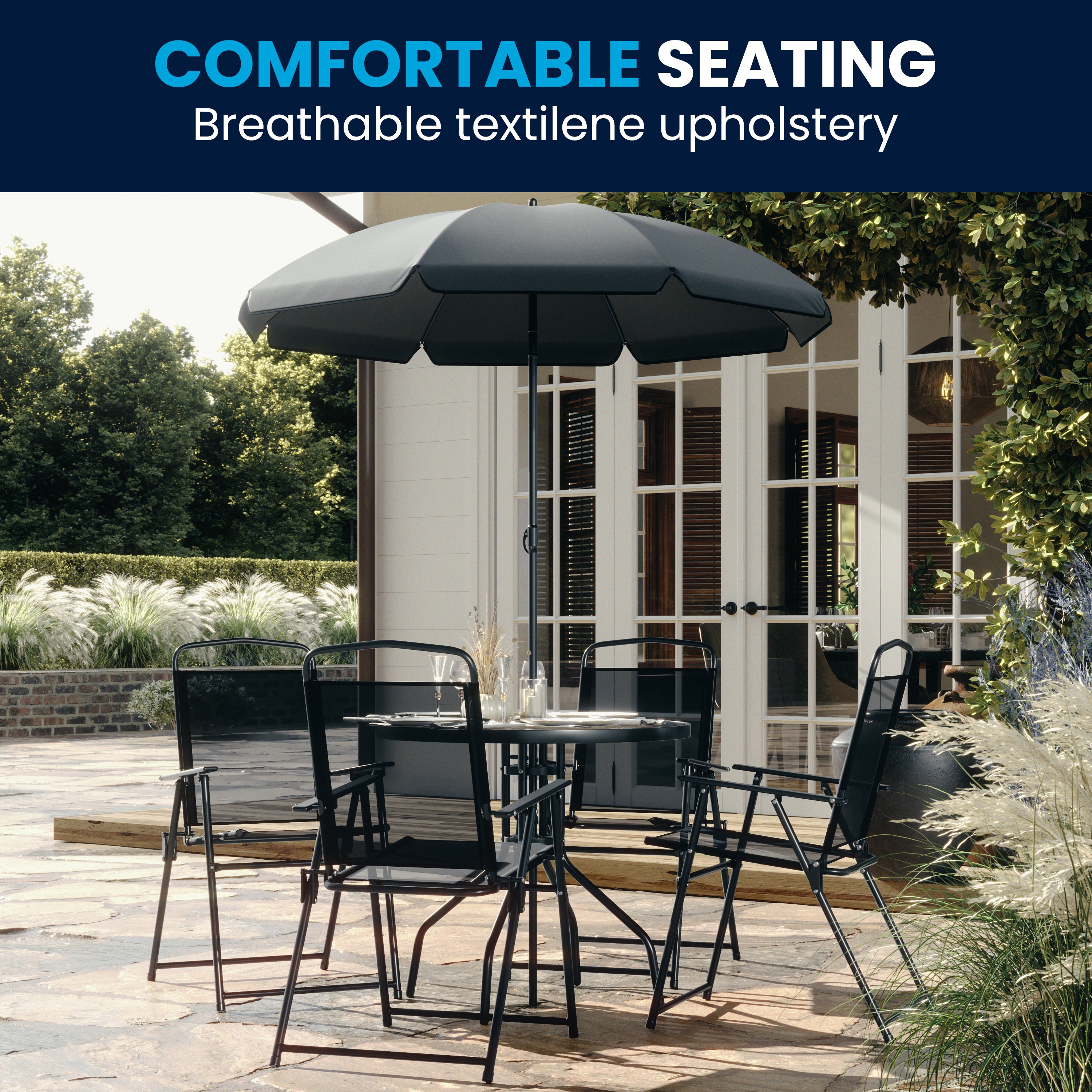 Nantucket 6-Piece Black Steel Patio Furniture Set with Umbrella