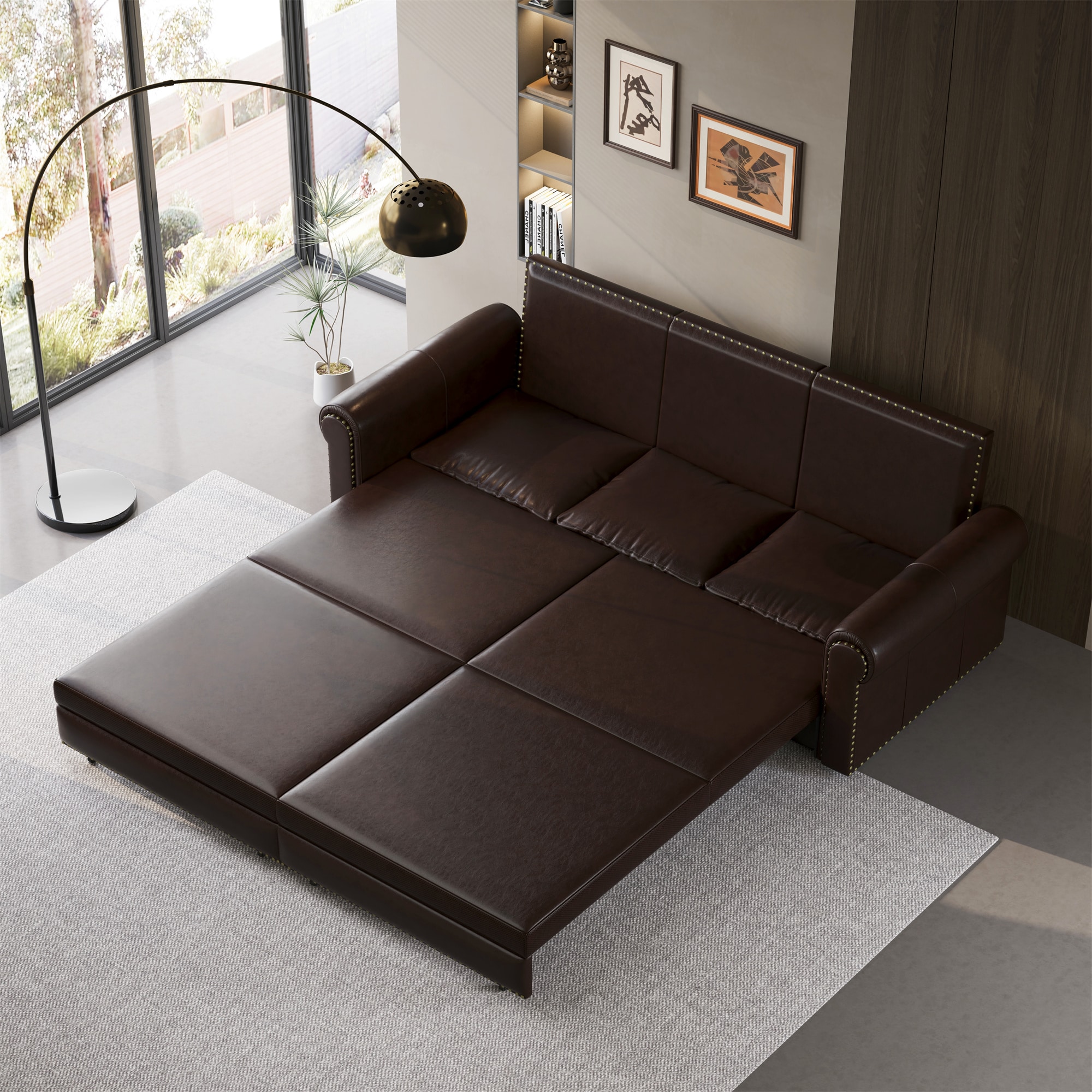 BABOOM BOM-S00212-OR 3-in-1 Convertible Sleeper Sofa 93.7-in W Modern Brown Faux leather 3-seater Sofa