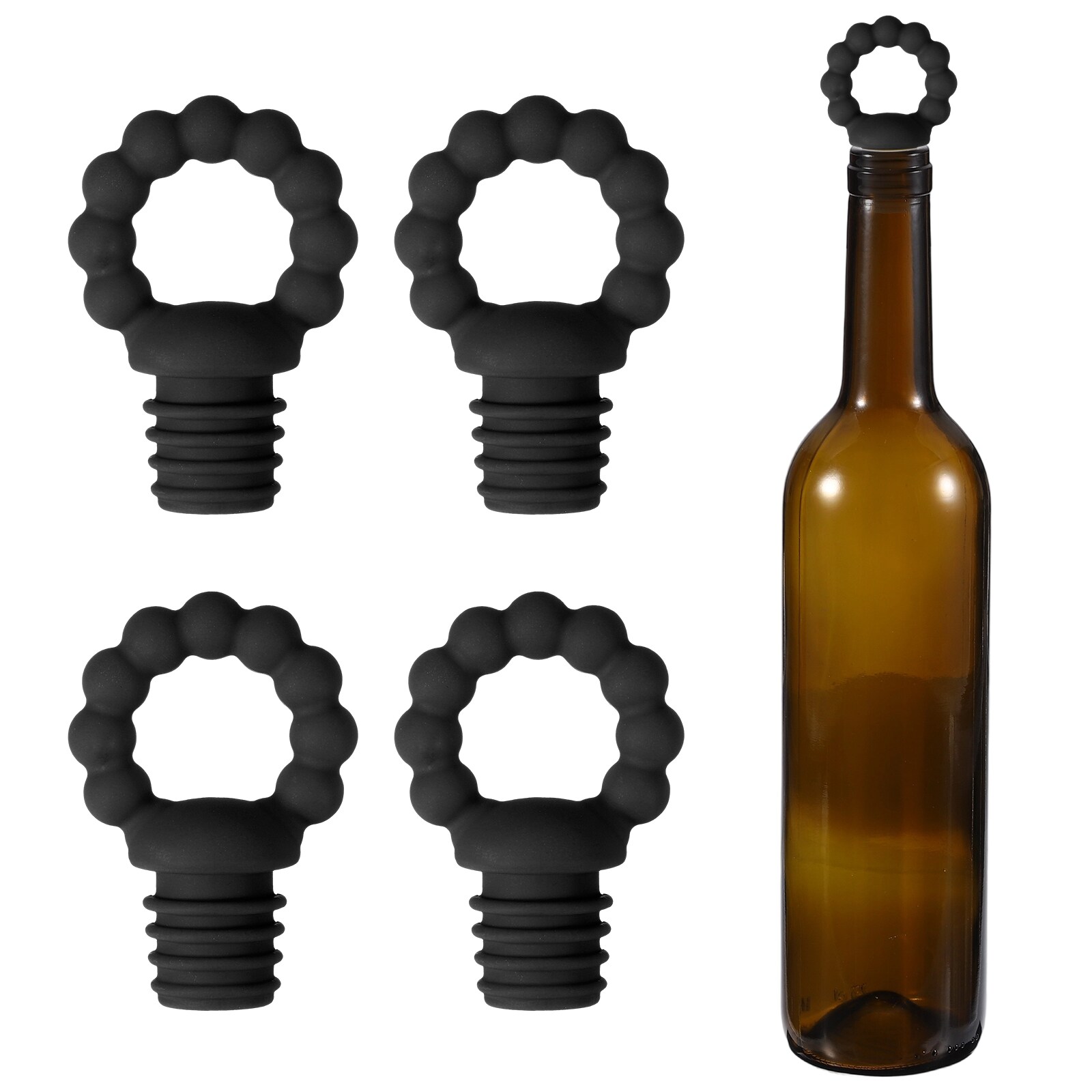 Unique Bargains 4pcs Silicone Ring Shape Wine Stopper Reusable Wine Stoppers Airtight Leak-proof Bottle Plug Liquor Saver with Beer Beverage Bottle Stopper for Bar Holiday Party Black #S26022501UX3616