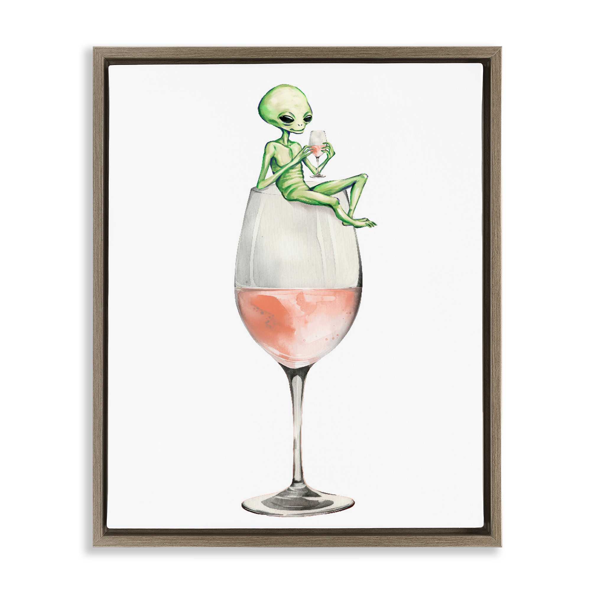 Stupell Industries BT-115-FFE-24X30 Lounging Alien on Wine Glass Brown Framed Floater Canvas Wall Art By Lil Rue 25 x 31