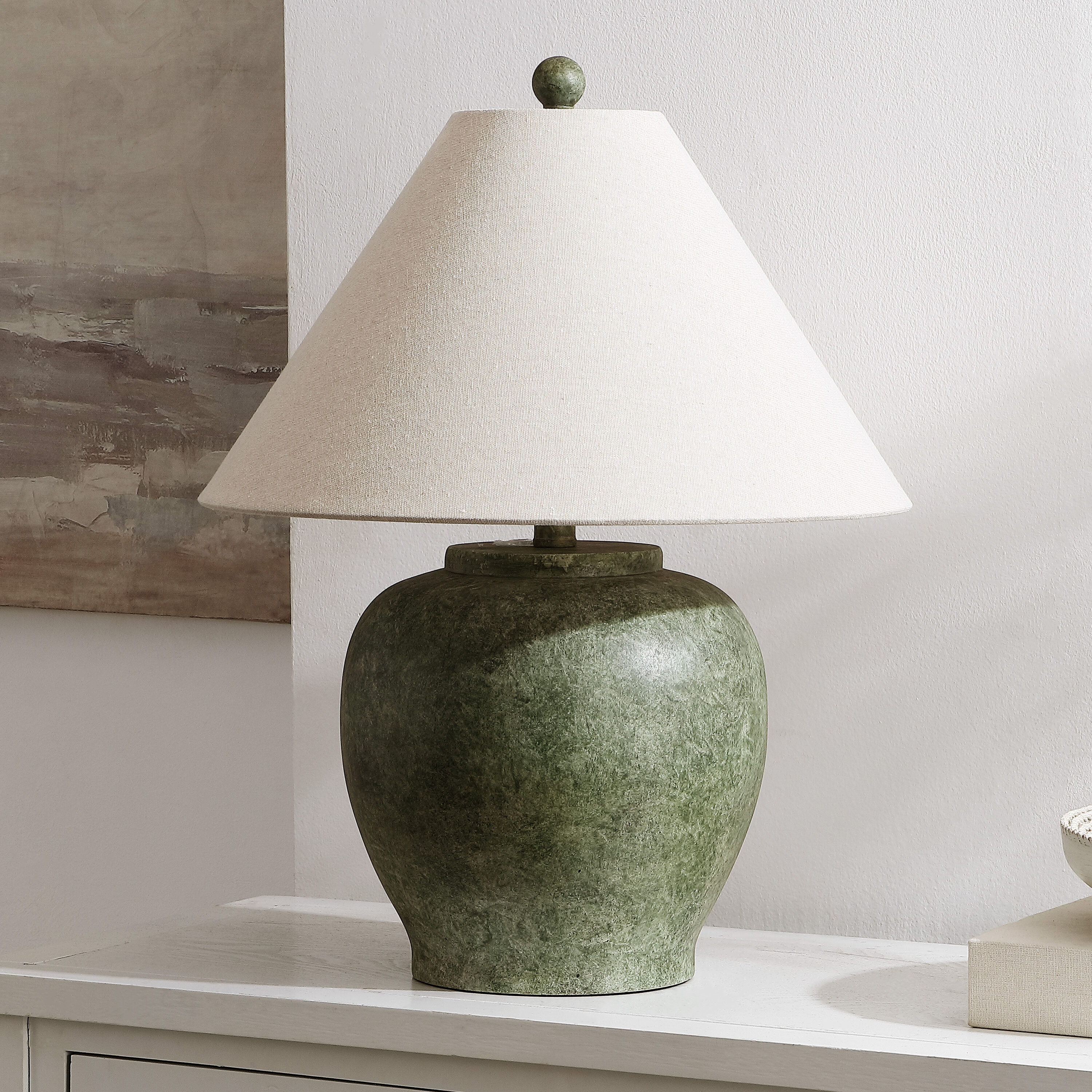 Dylan Antique Green Resin Table Lamp with White Fabric Shade