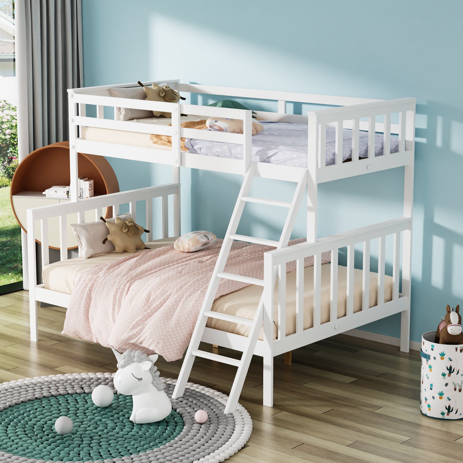 JOYMOR 77L x 65W x 57H Convertible Twin Over Full Bunk Bed Frame with Ladder and Guard Rail White (Mattress not Included)