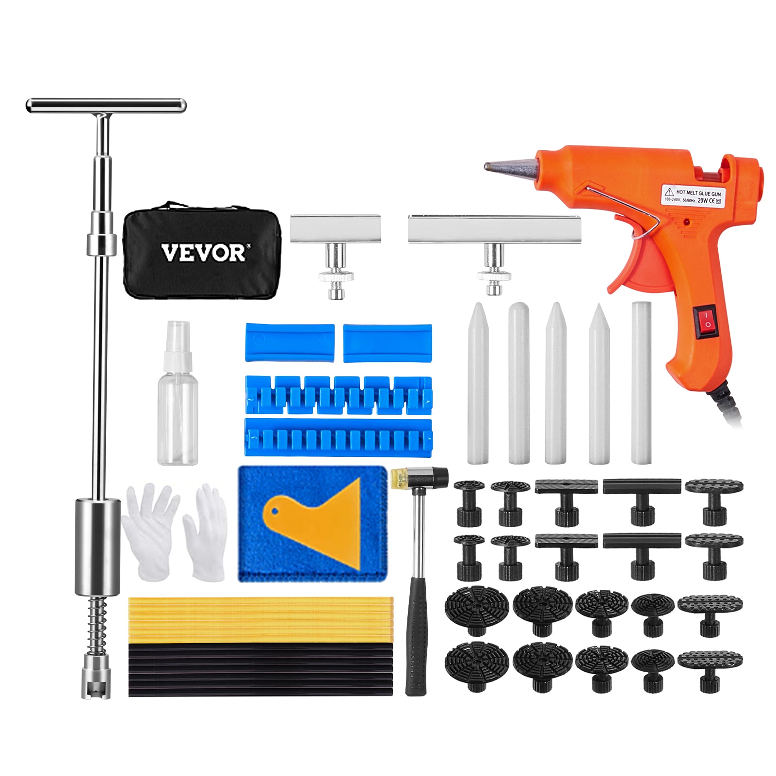 VEVOR 25 Pcs Dent Repair Kit, Paintless Dent Removal Kit with Bridge Puller and Puller Tabs, Auto Body Dent Puller Kit with Hot Glue Gun, Glue Sticks
