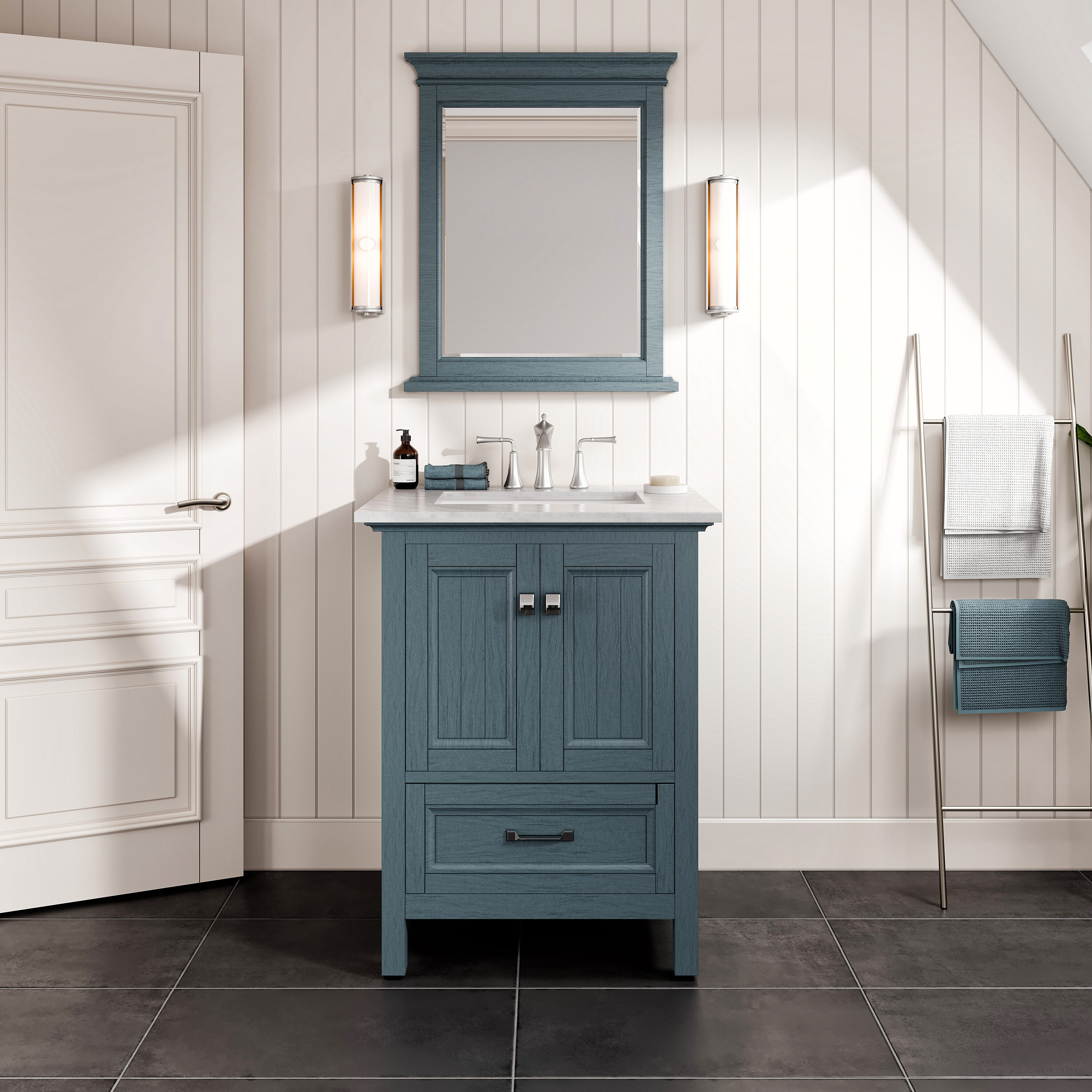 Eviva EVVN612-24AB  Britney 24 Inches Wide, 22 Inches Deep Ash Blue Bathroom Vanity with White Carrara Marble Vanity Top and Rectangular Undermount Sink