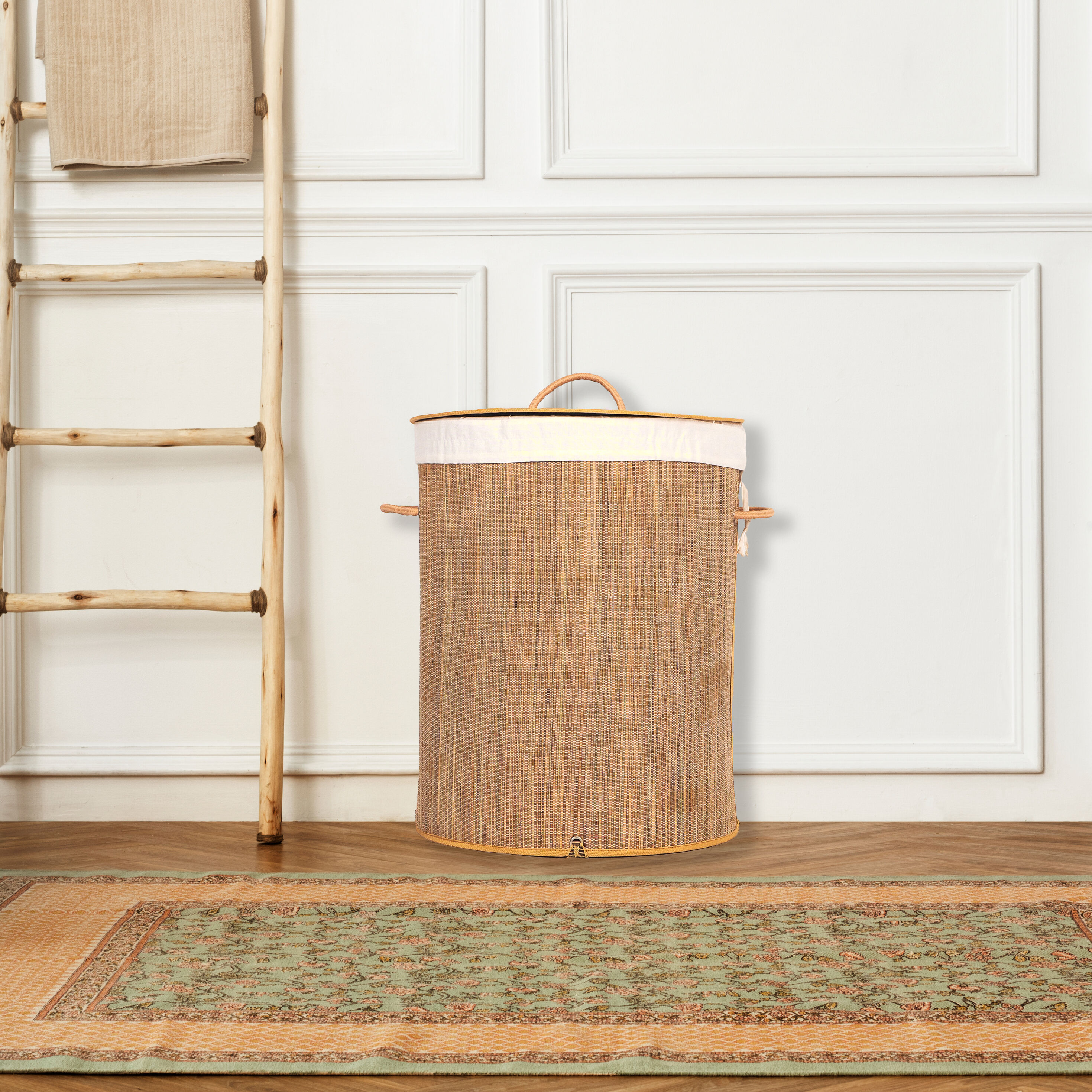 Round Natural Mendong Collapsible Laundry Hamper with Lid and Handles
