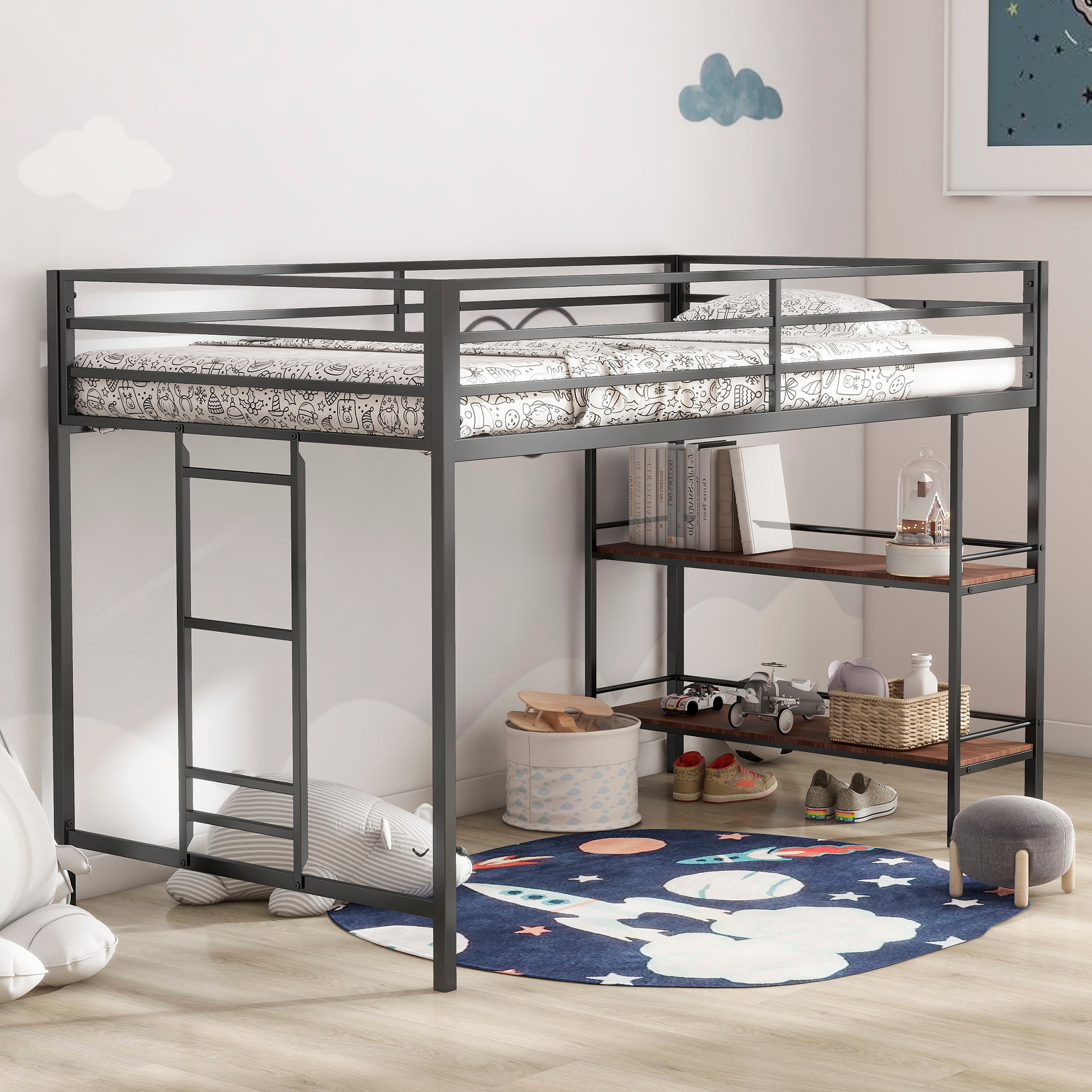 LOVMOR SF-Y-B083P154188 Adam sturdy junior twin loft bed black with Cinnamon wood shelf for kids space saving Loft Bed with easy climbing Ladder and Guardrails Loft Bed Frame for Bedroom