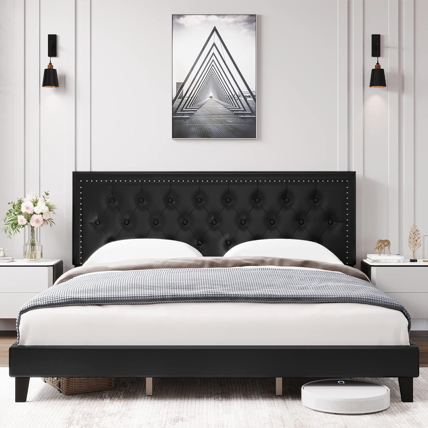 GAOMON - Queen size upholstered platform bed frame tufted faux leather adjustable headboard wood ...