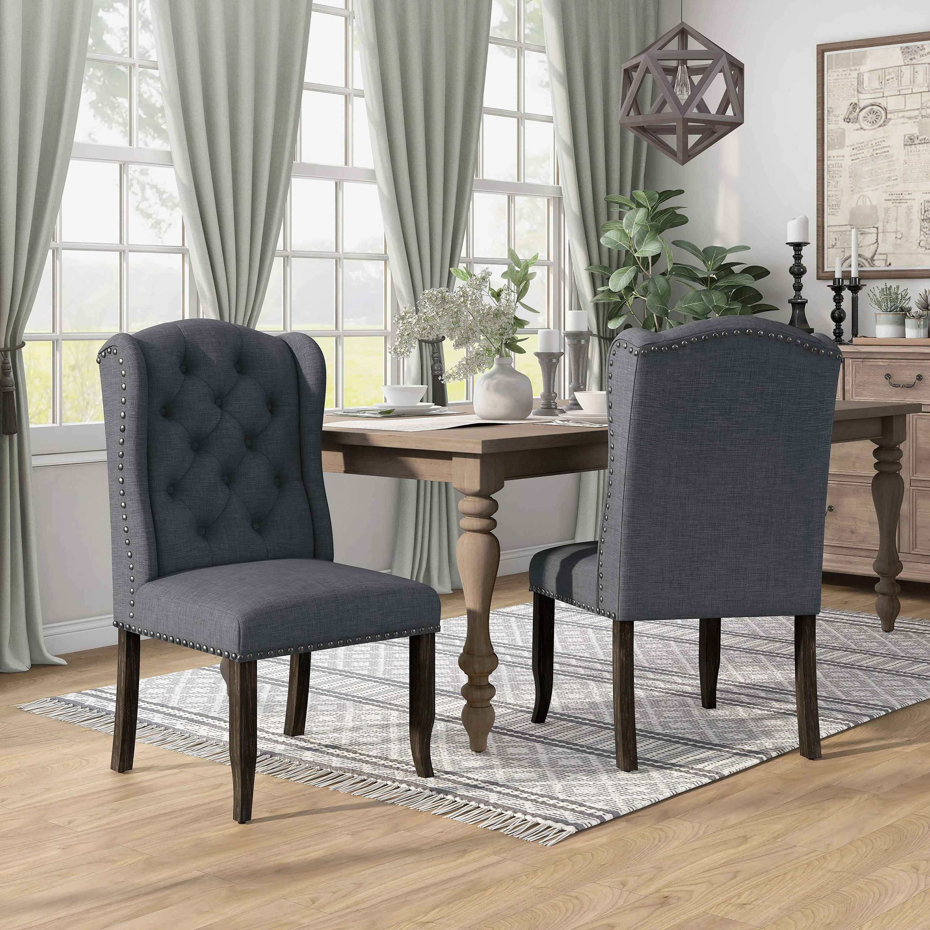 Furniture of America IDF-3324BK-GY-SC Set of 2 Druid Hills Rustic Polyester Upholstered Dining Side Chair (Wood Frame)