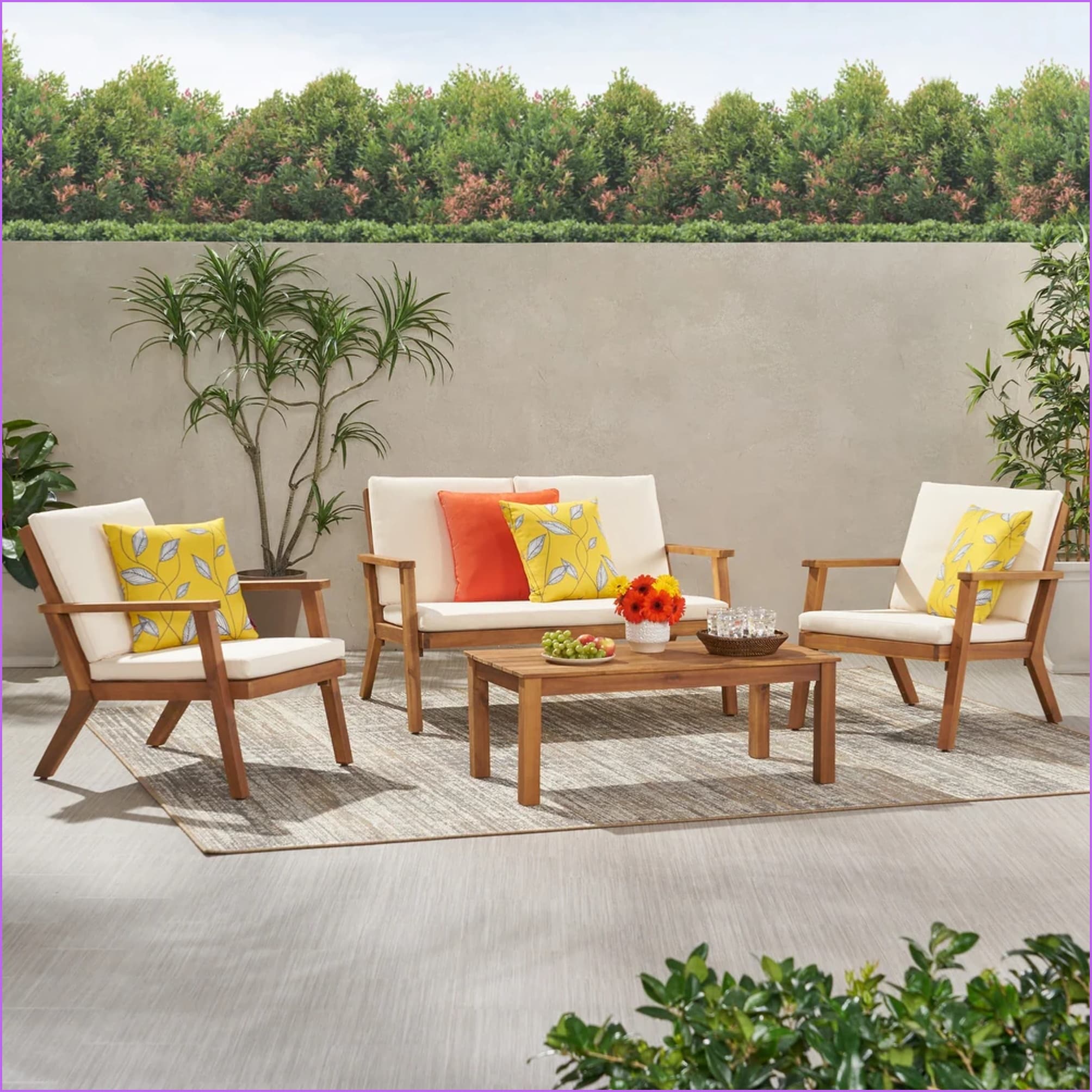 Watnature Patio 4 Seater Chat Set   Loveseat2 Club ChairsCoffee Table   Mid Century Acacia WoodBrown Patina  and Cream Cushions  Acacia Wood  Natural andCream