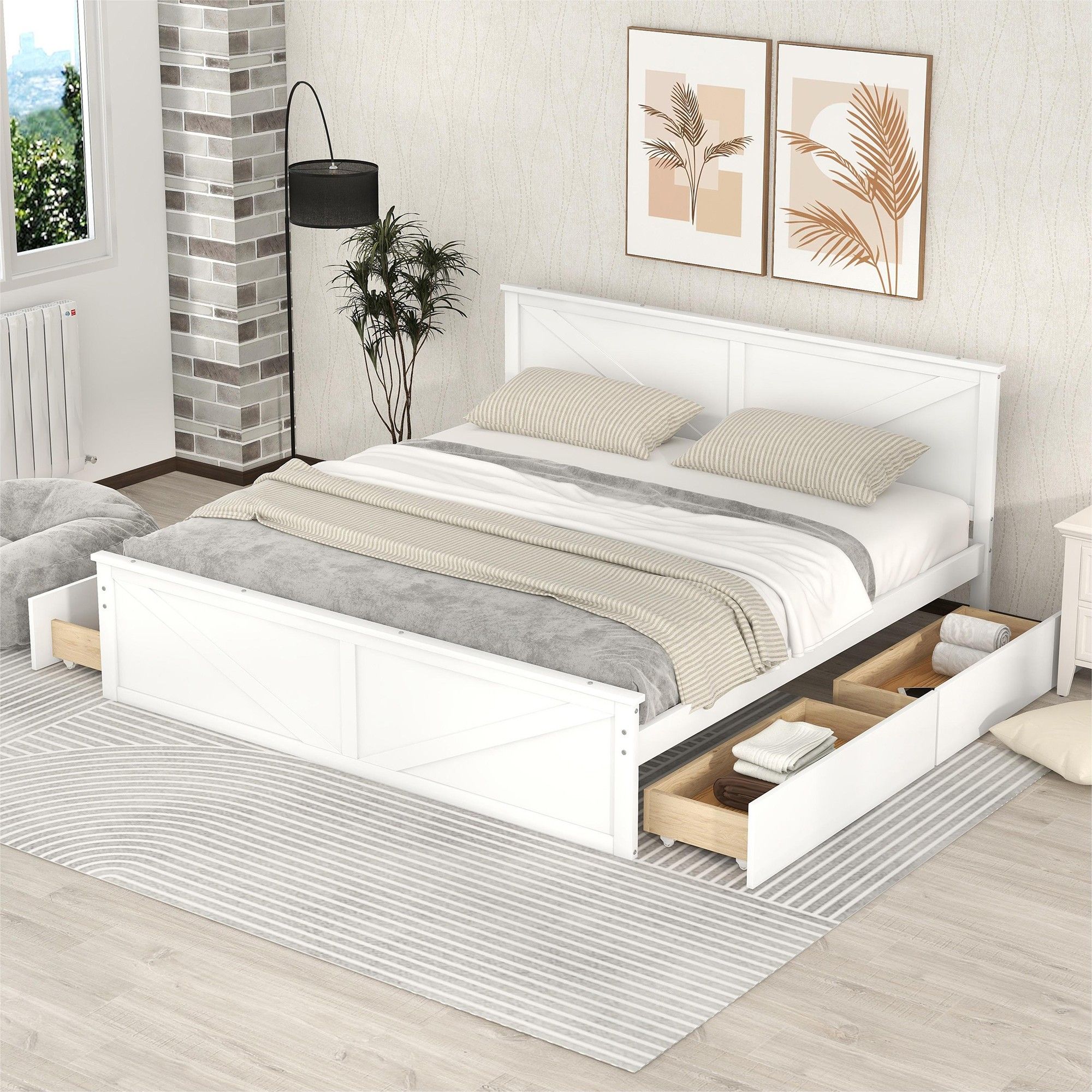 Yiekholo White King Wood Platform Bed with Storage LL-W-0142AAK at ...