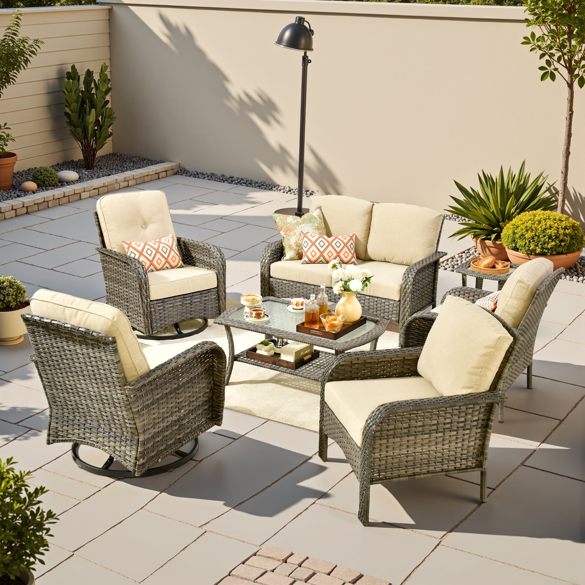 weaxty HMBYZGNCGNDS600S71 Initial 7 -Piece Wicker Patio Conversation Set with Off-white Cushions
