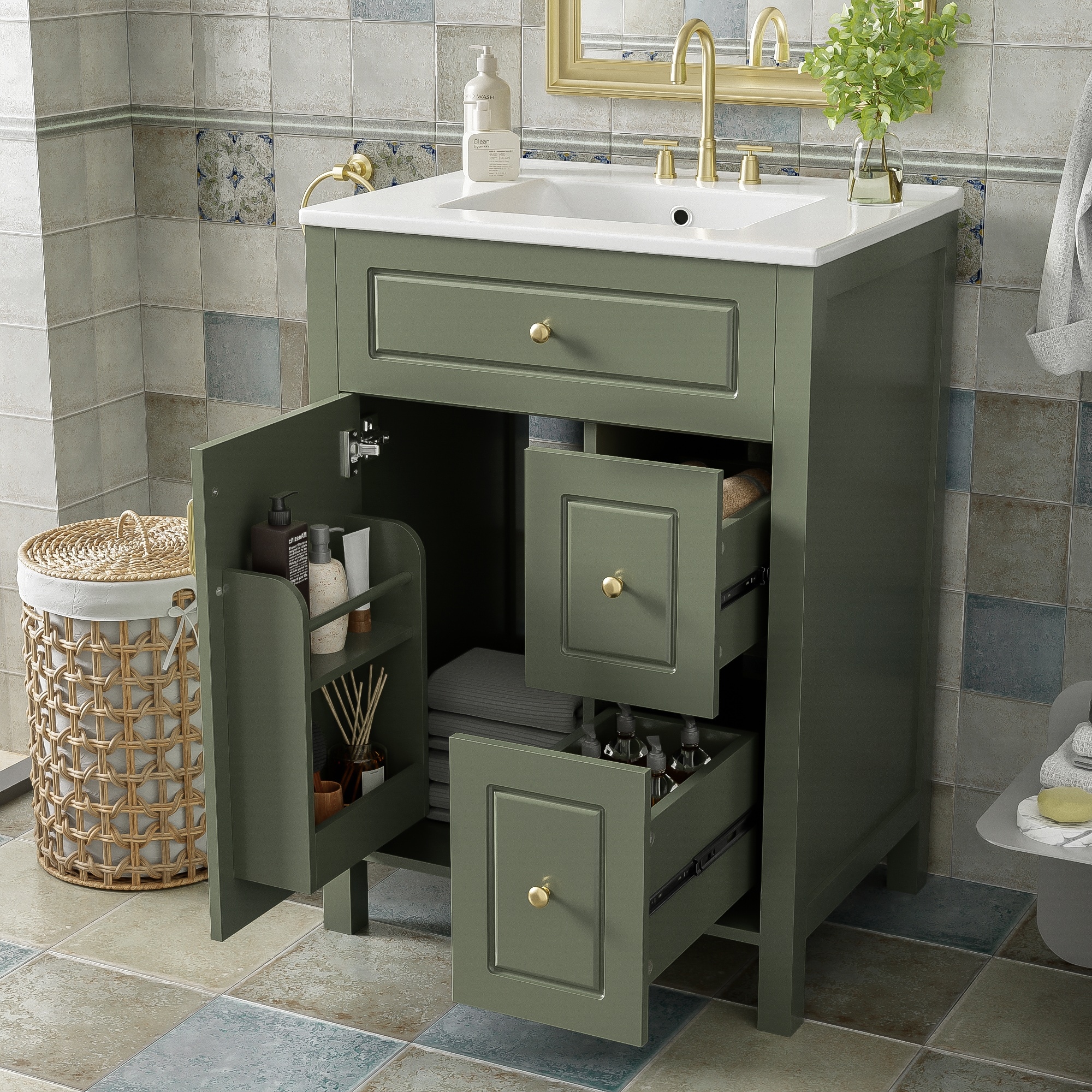 HyperDrop Cart 24 Inch Bathroom Vanity with Ceramic Sink 1 Soft Close Door 2 Soft Close Drawers and Double Storage Racks on the Door #B-5Q7V9A9Q8P8W