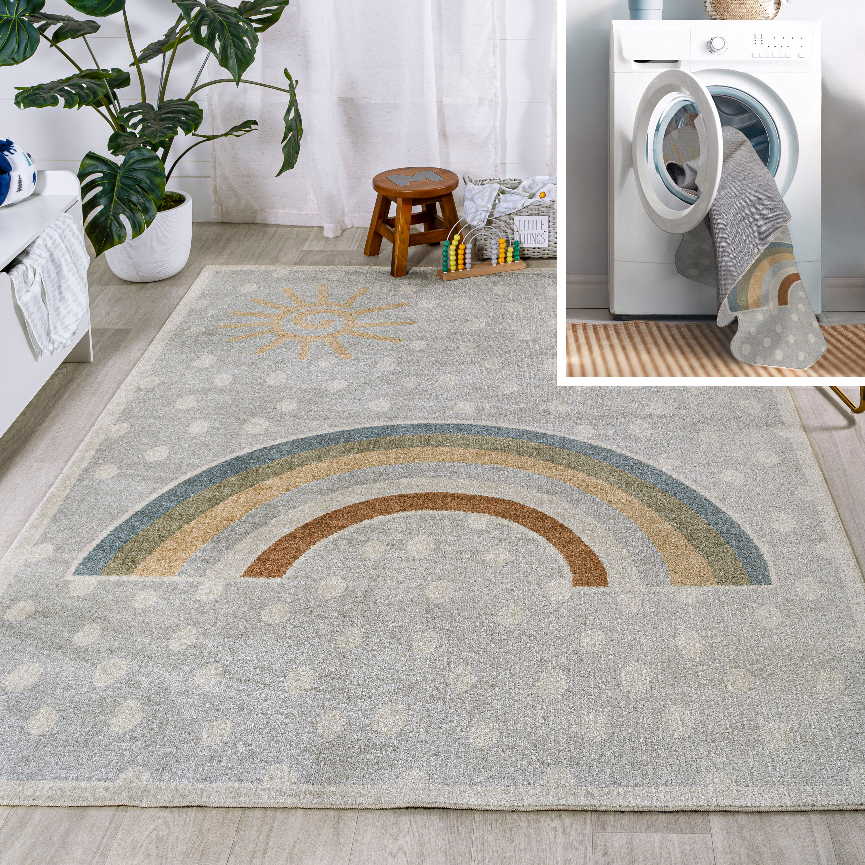 JONATHAN  Y KDW102A-4 Kids Machine-Washable Minha Rainbow Dot Modern 4 x 6 (ft) Loomed Polyester Gray/Ivory/Yellow Rectangular Indoor Medallion Bohemian/Eclectic Machine washable Area rug