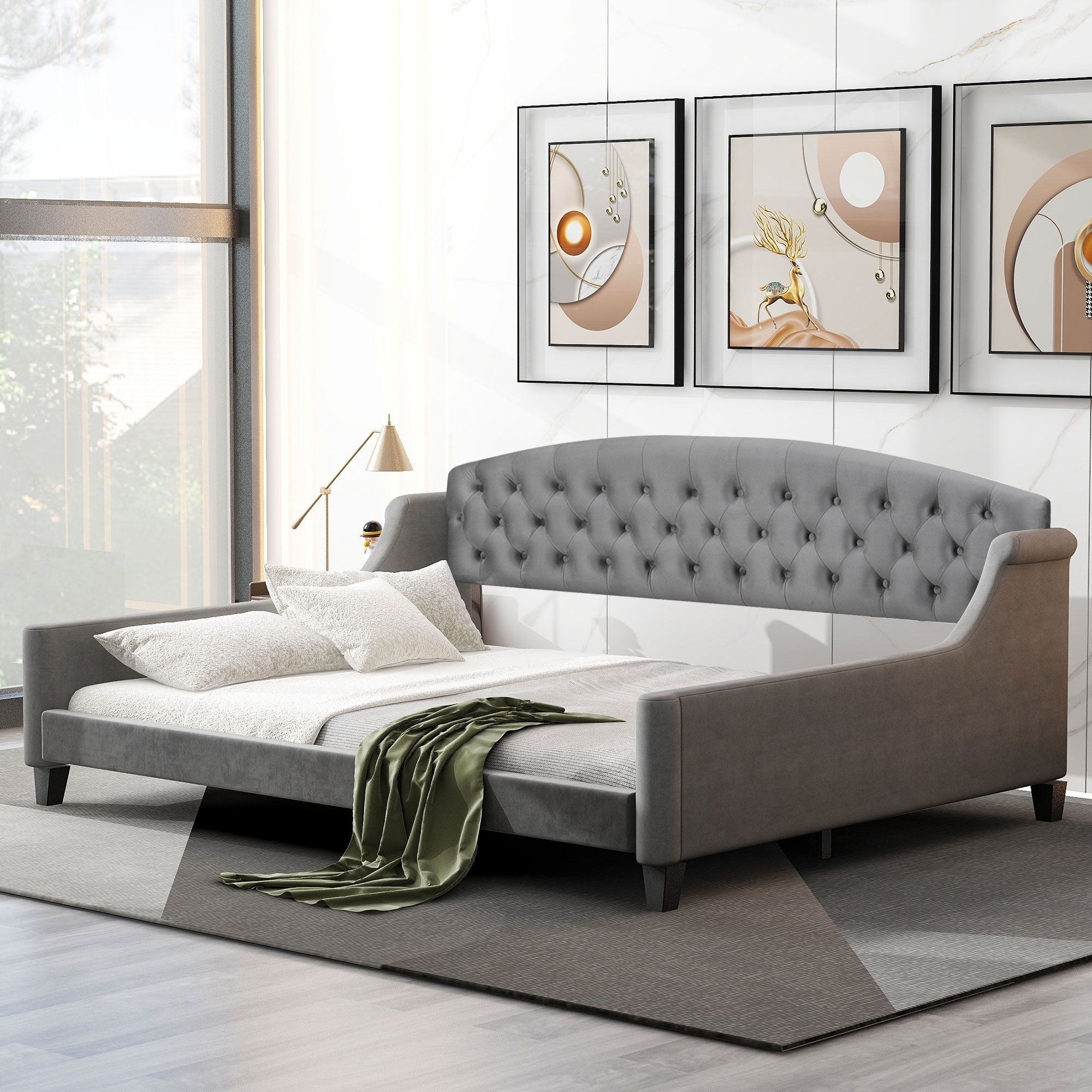 UOI Full Gray Upholstered Tufted Button Daybed with Solid Plywood Frame and Wingback Silhouette