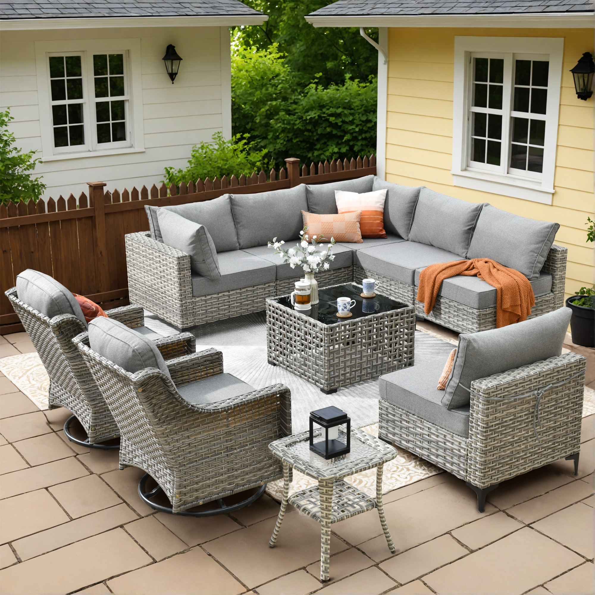 Pouuin SKT200 10-Piece Wicker 2 Patio Sofa Conversation Set with Gray Cushions