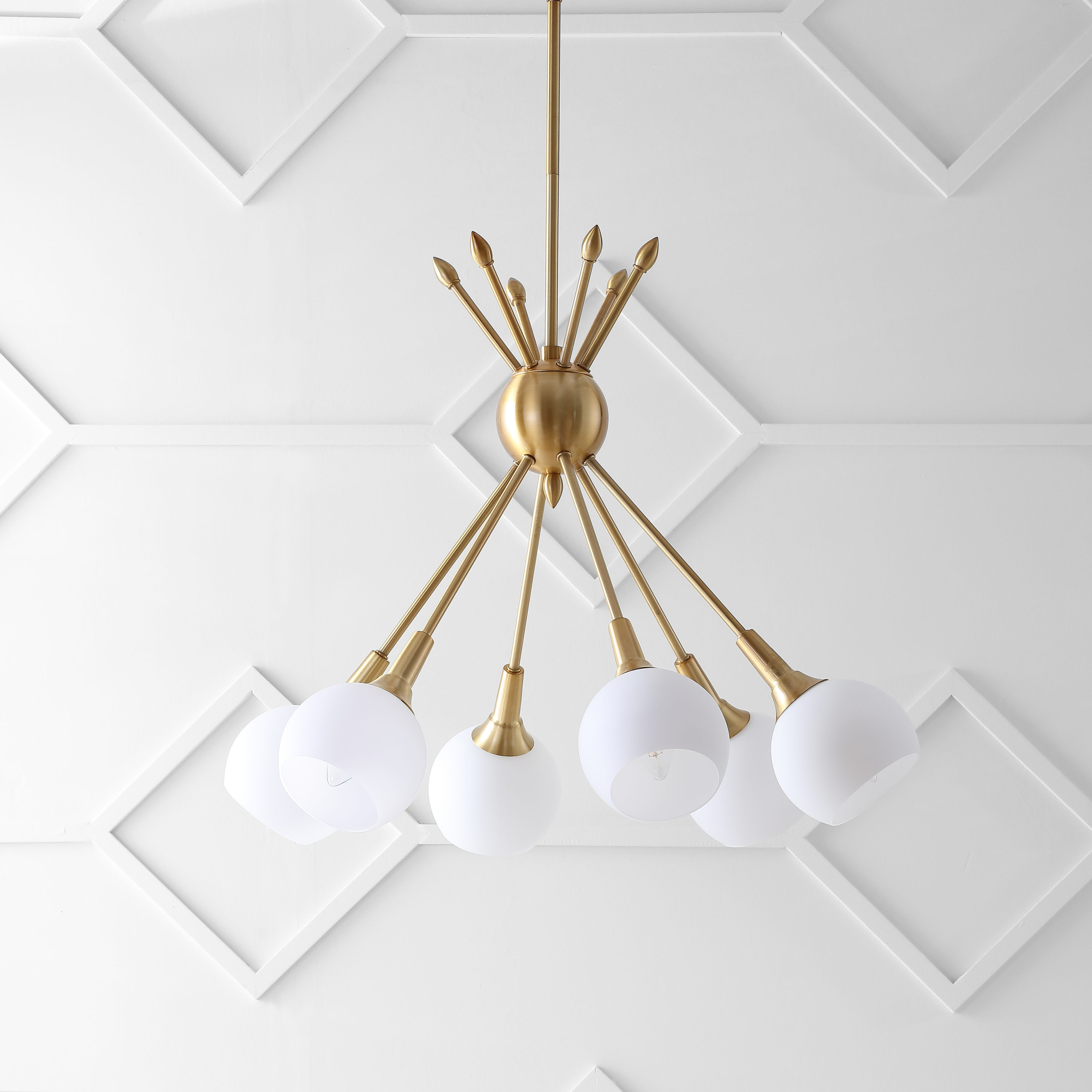 Justine 6-Light Brass Gold Contemporary Pendant with White Glass Shades