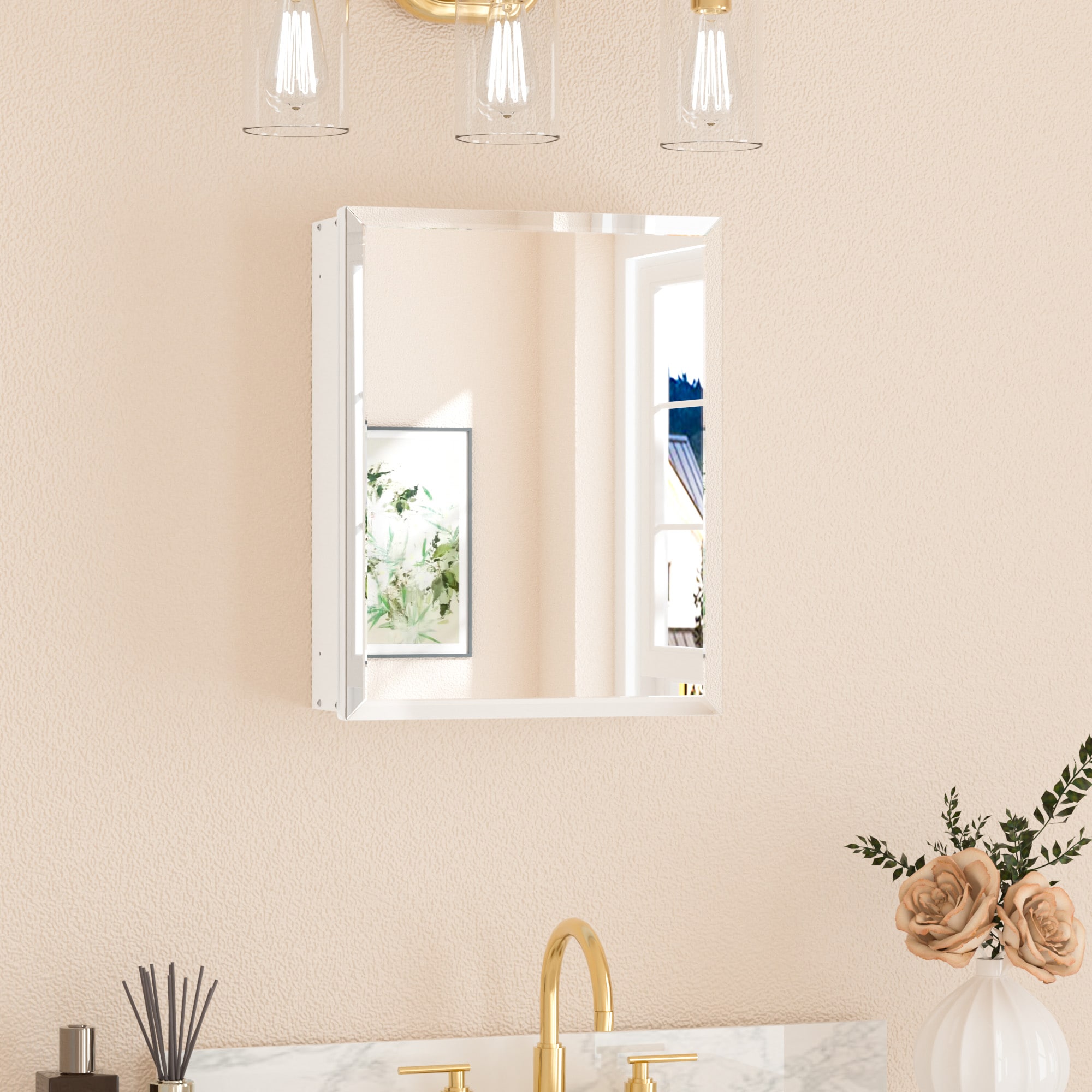 Keonjinn LW-JG-FJXP-4151-WH 16-in x 20-in Surface/Recessed Mount White Mirrored Rectangle Soft Close Medicine Cabinet