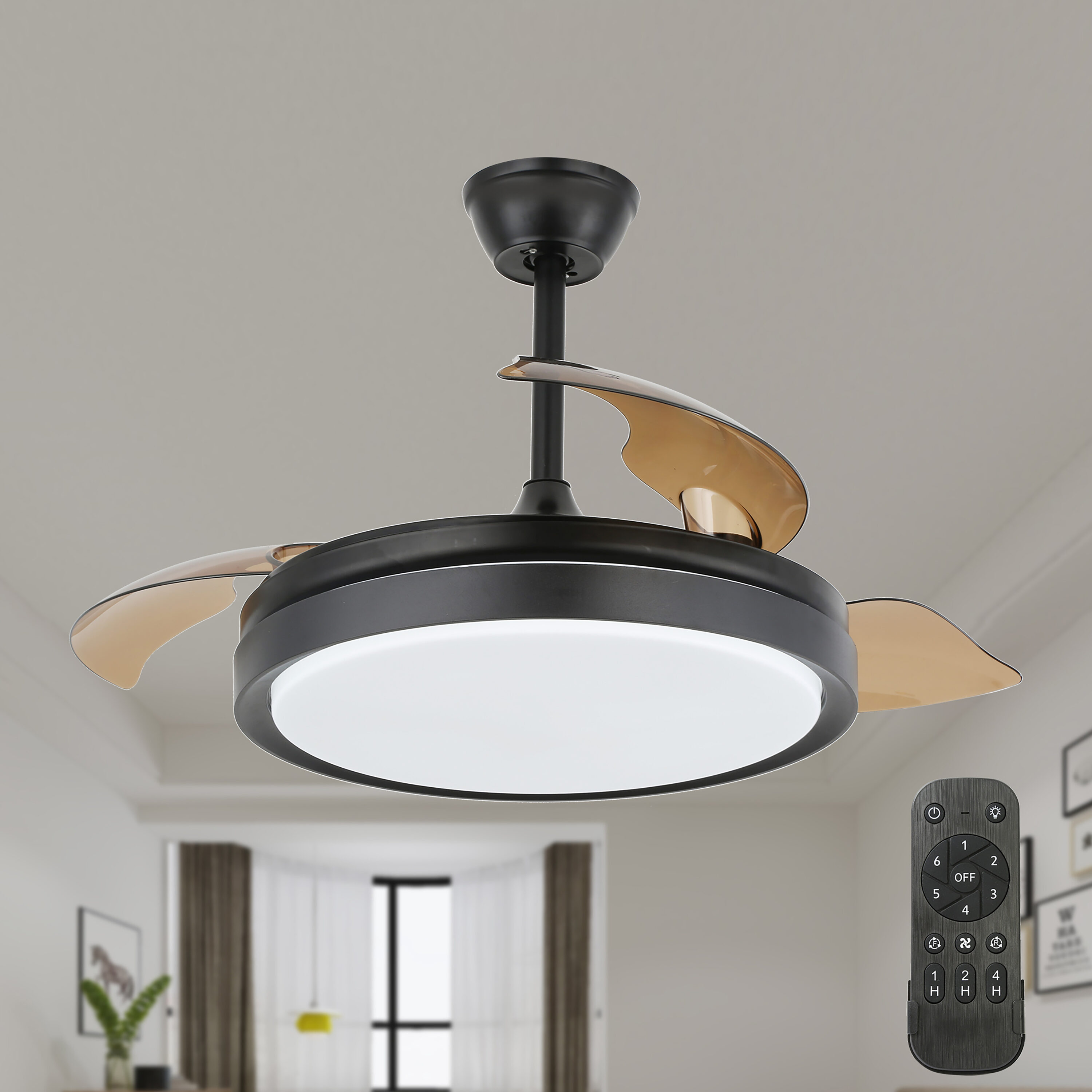 Bella Depot Retractable ceiling fan 42-in Black Color-changing LED Indoor Fandelier  Ceiling Fan with Light Remote (3-Blade) in the Ceiling Fans department at 
