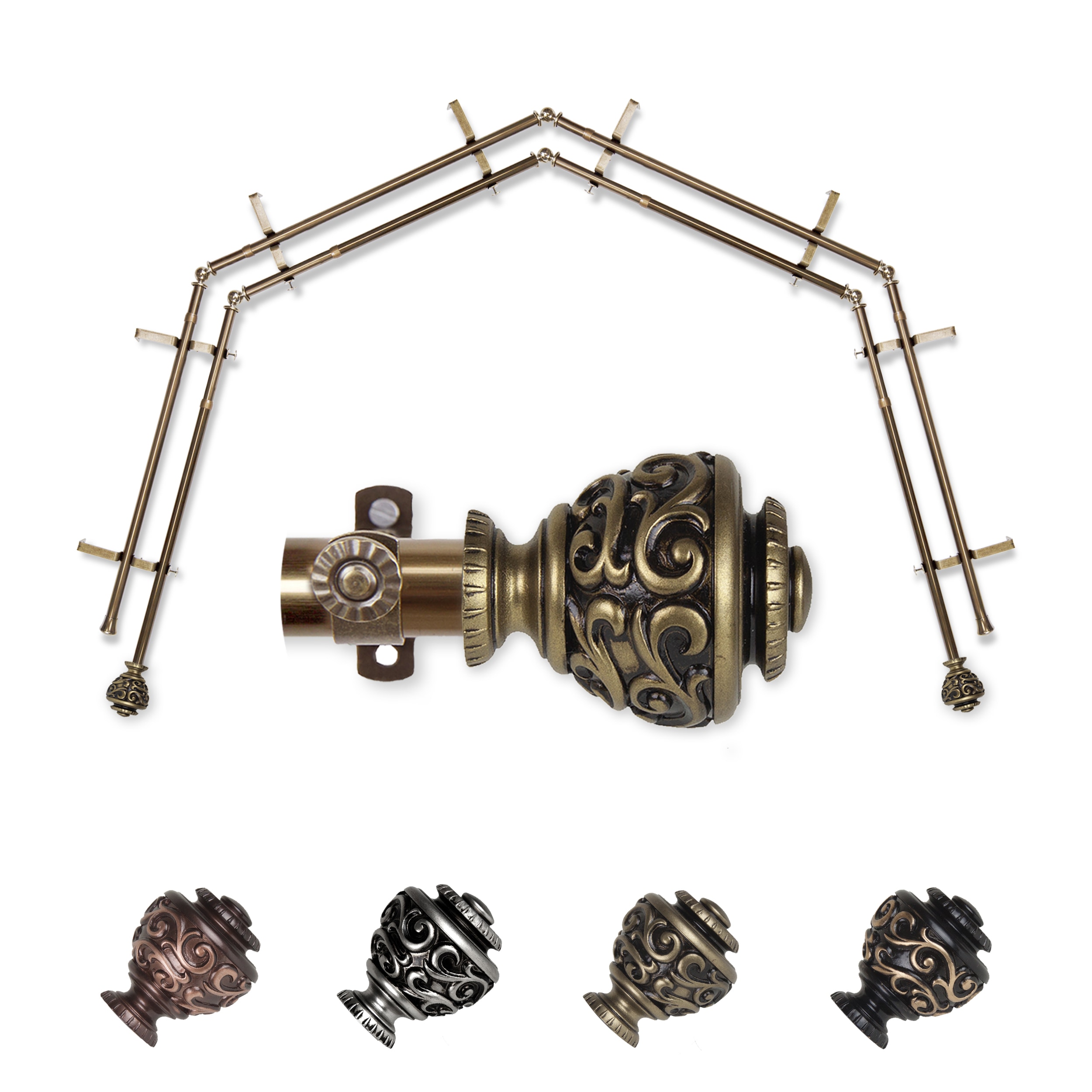 Hart & Harlow L-4BAY-89-4D Gianna 4-Sided Double Bay Antique brass Steel Bay window curtain rod with Finials