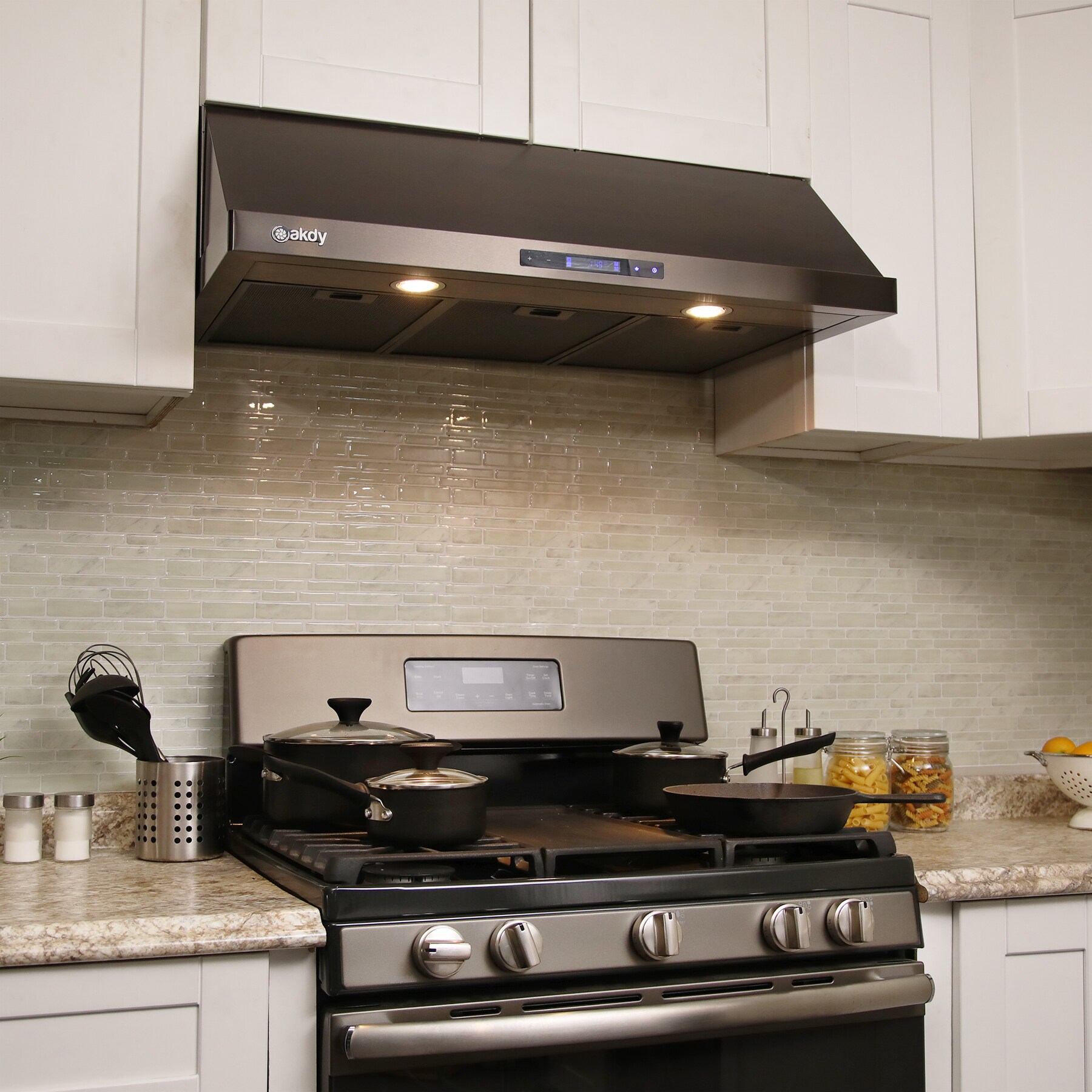 343 CFM Ducted Under Cabinet Range Hood in Black Stainless Steel with LED Lights AKDY 30 in 