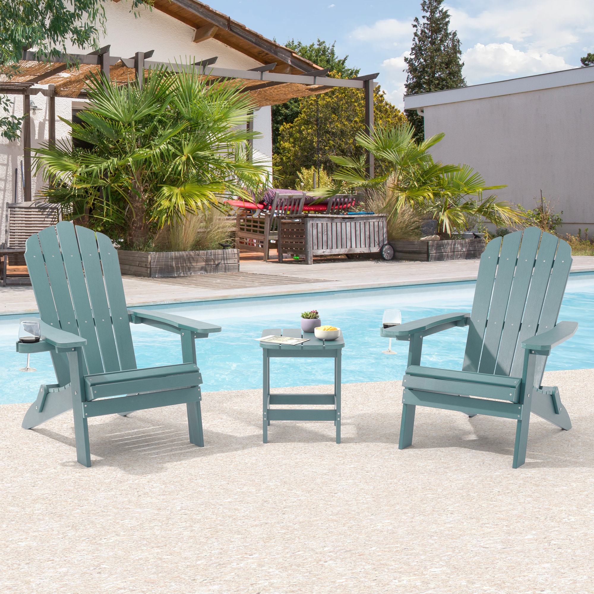 Sonkuki SD-AD365LB-2 Folding Adirondack Chair Set of 2 Lake Blue Plastic Frame Stationary Adirondack Chair with Light blue Slat Seat