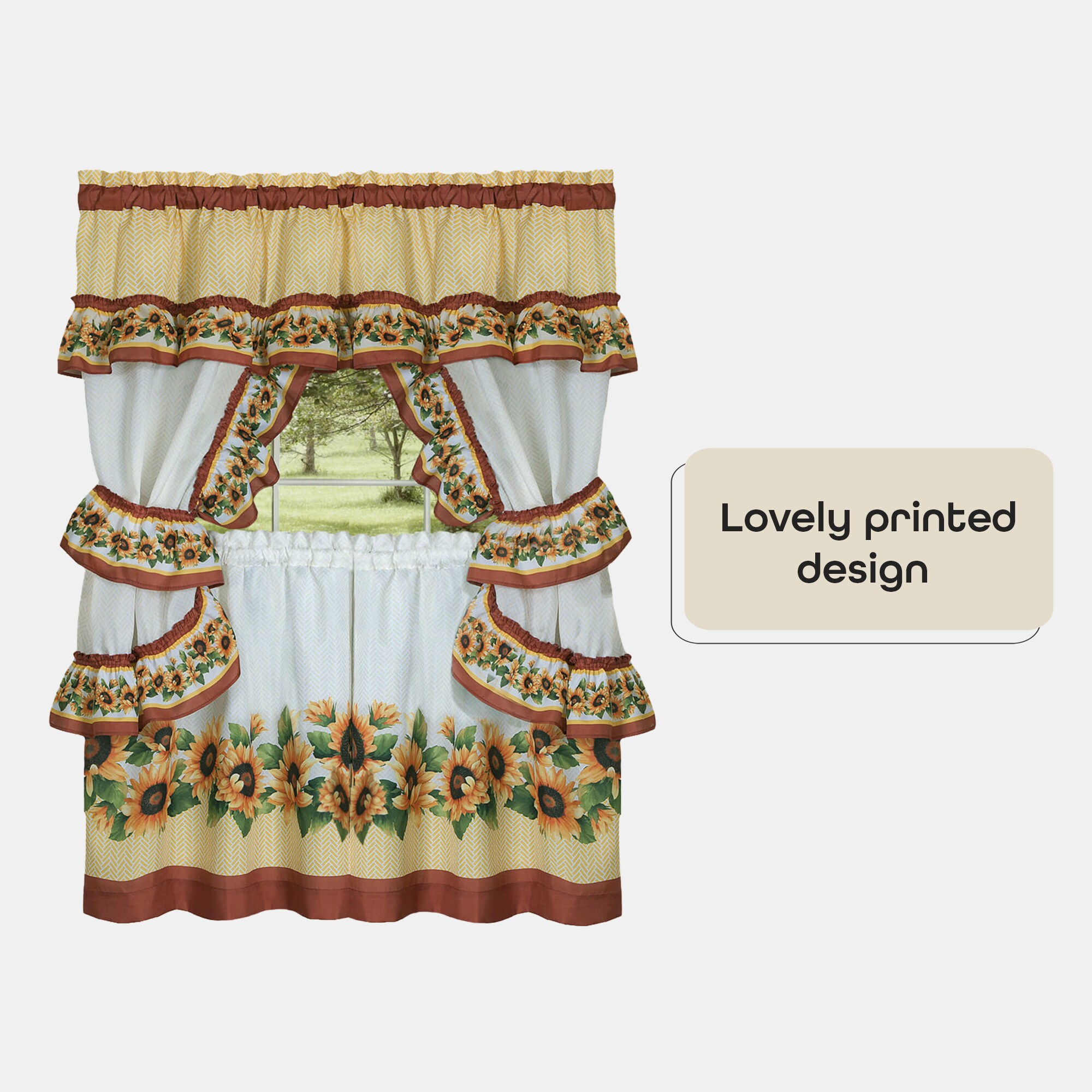 Black and Yellow Floral Polyester Tier Curtains