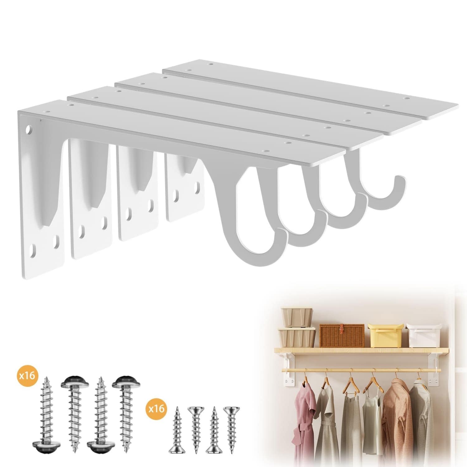 OGETFUUR 11.2x4.8in Heavy-duty Thick-gauge Steel Closet Rod Bracket Support 300 Lbs Capacity Strong Reinforced L-shaped Rustproof Chip-resistant with Screws Closet Rod Support for Wardrobe Storage