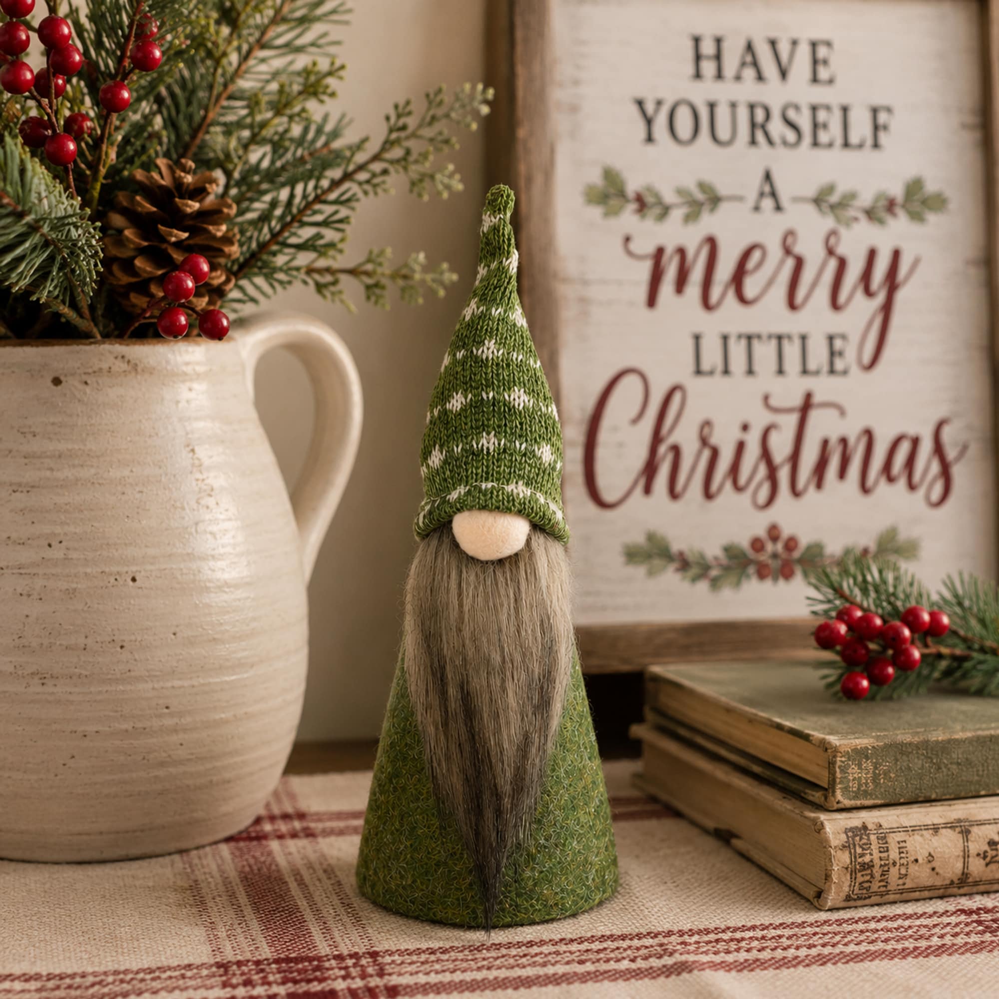 Northlight Cone Gnome Christmas Figure - 9 inch - Green and White