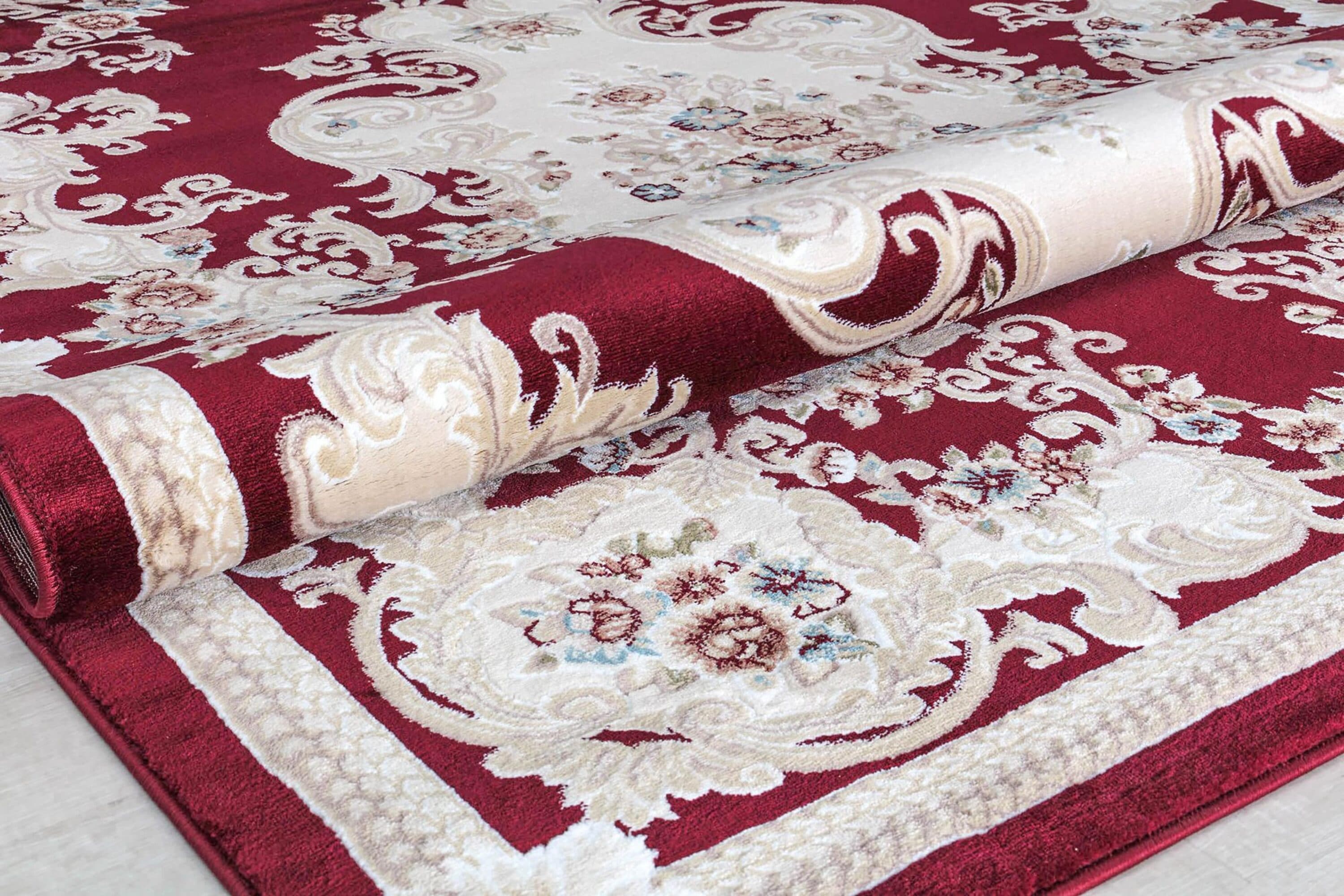 Classic Burgundy and White Synthetic Round Area Rug, 5' x 5'