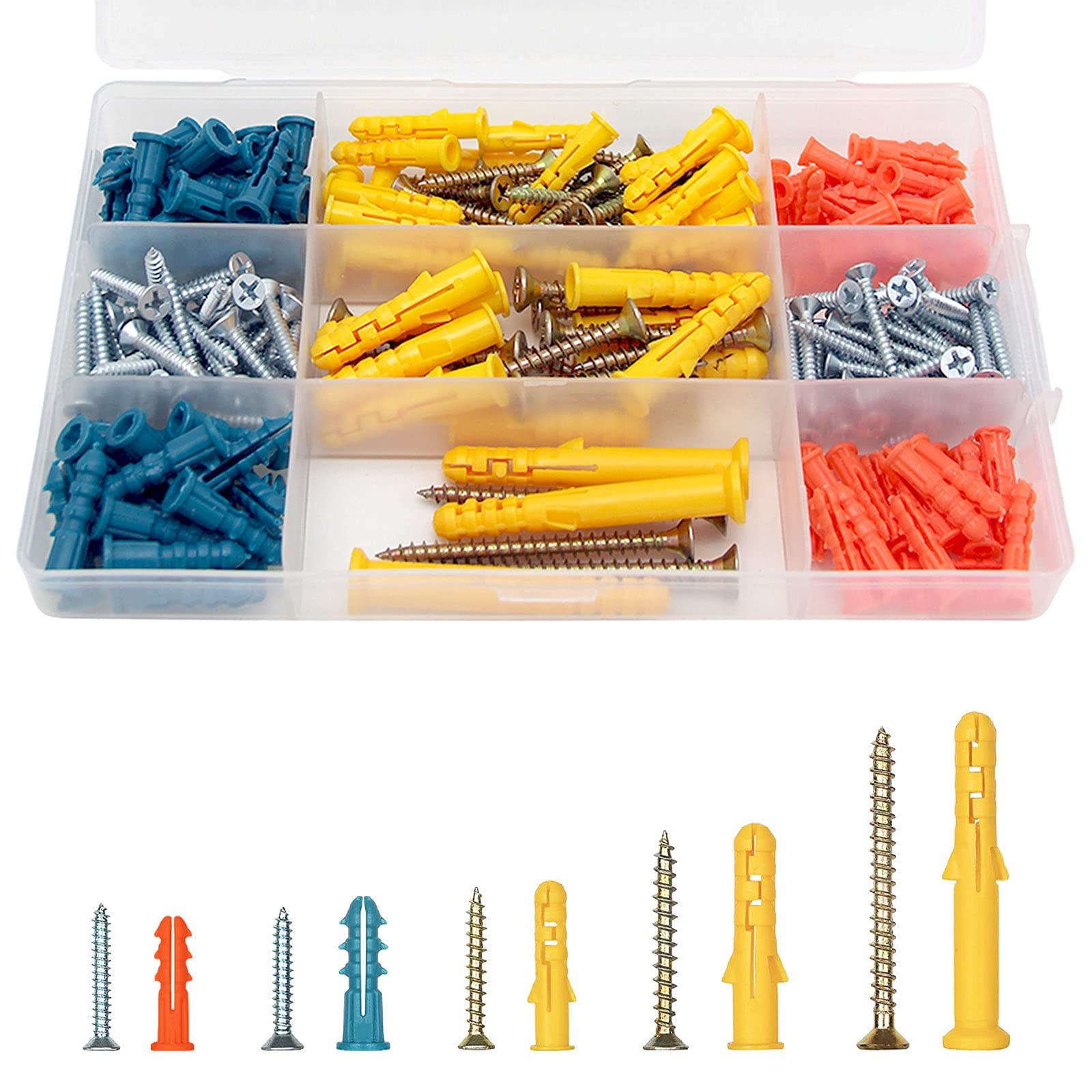 JVFCXXV  Plastic Drywall Wall Anchors and Screws Kit 230 Pieces Assorted Sizes and Colors for Wall Hanging and Mounting in Home and Office