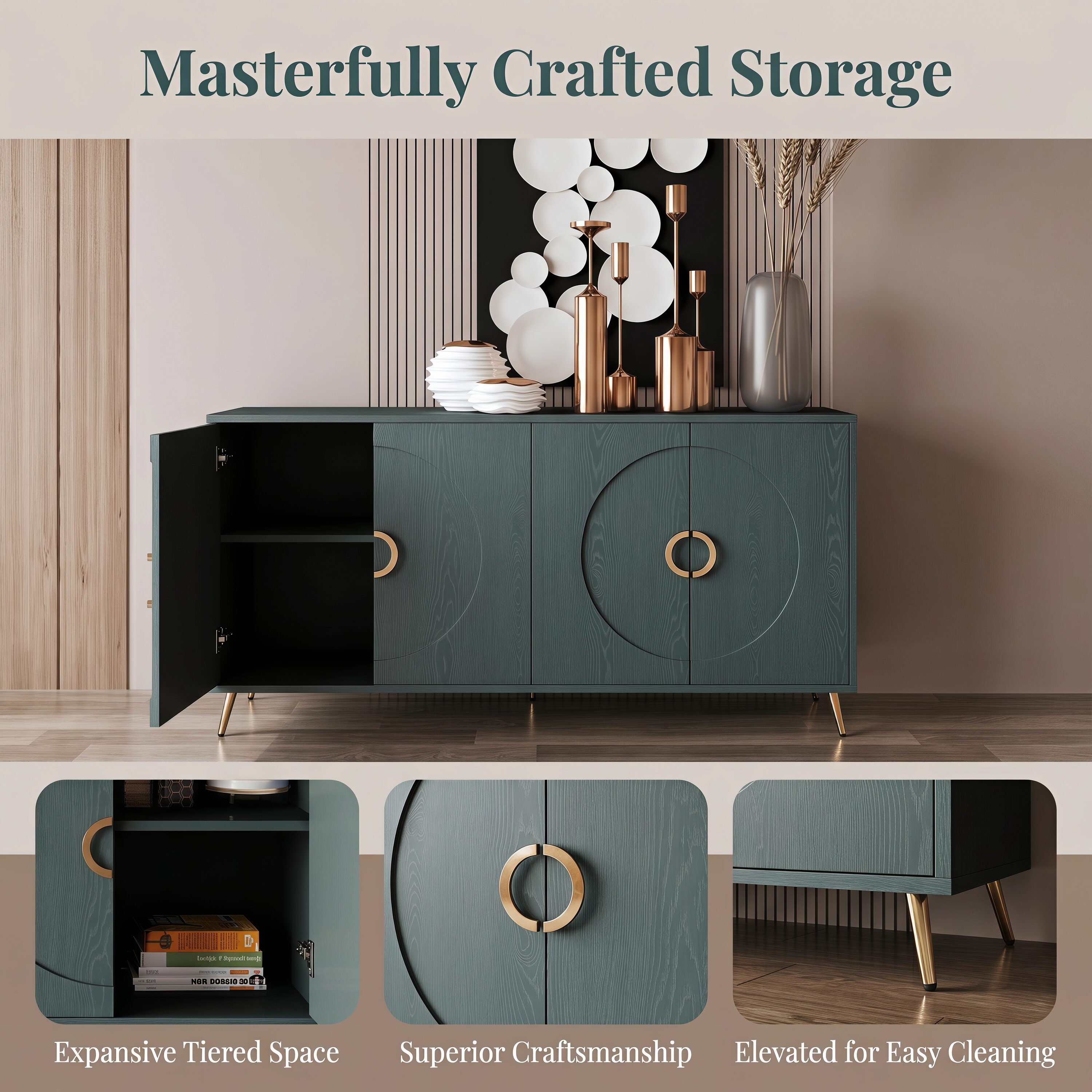 JPJPUU 60-Inch Italian Luxury Dark Green Wood Grain Sideboard Cabinet ...
