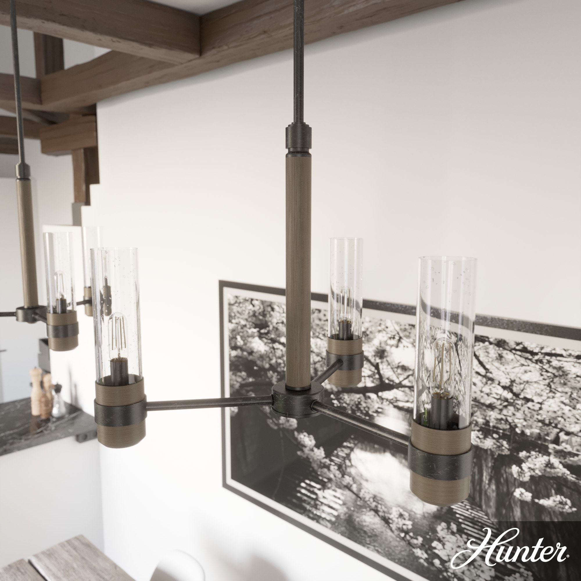 Hunter 19472 River Mill 3 -Light Matte Black Rustic Bare bulb For Use in Bedrooms, Dining Rooms, Foyers, Kitchens, Living Rooms Chandelier