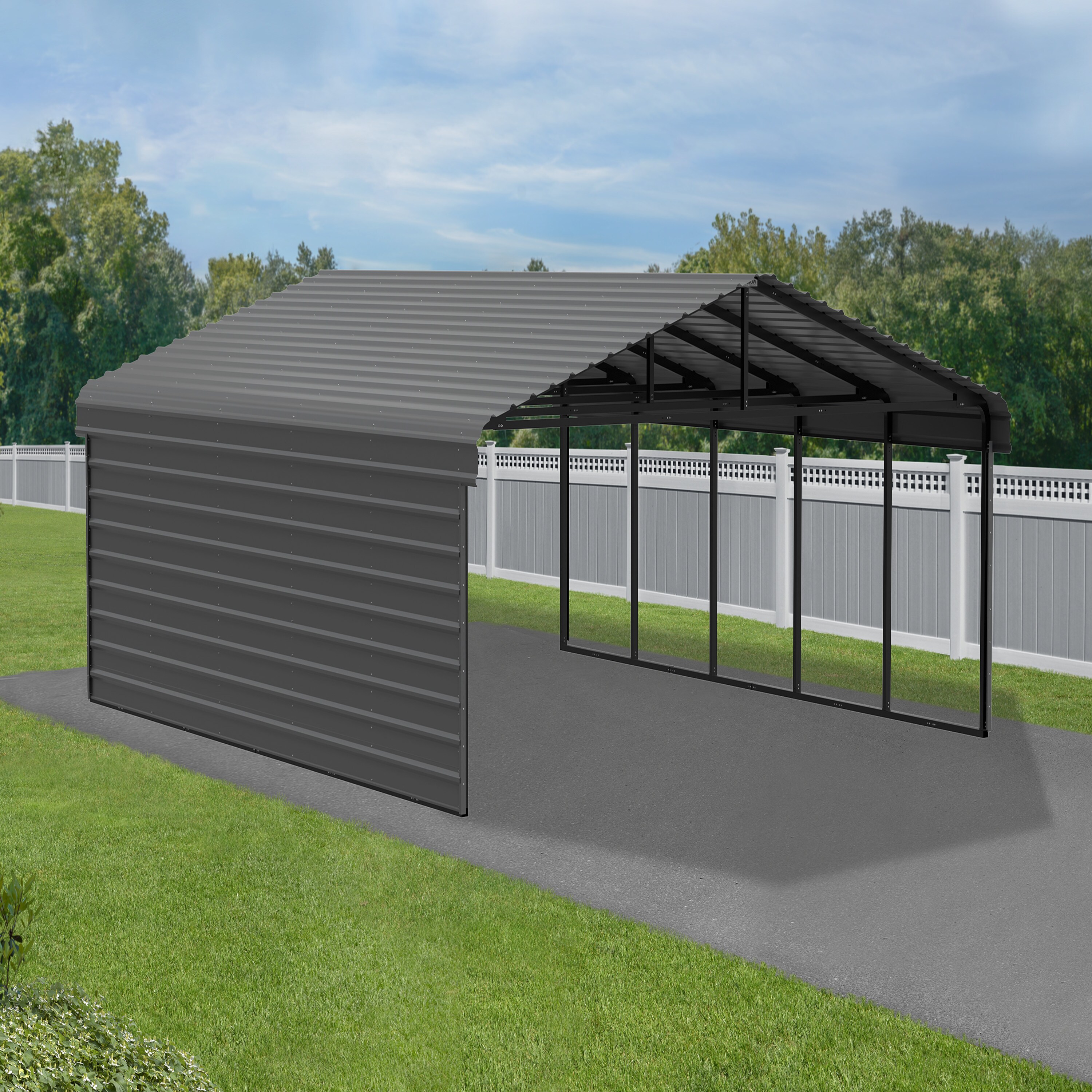 Charcoal Galvanized Steel Carport Kit with 2-Sided Enclosure