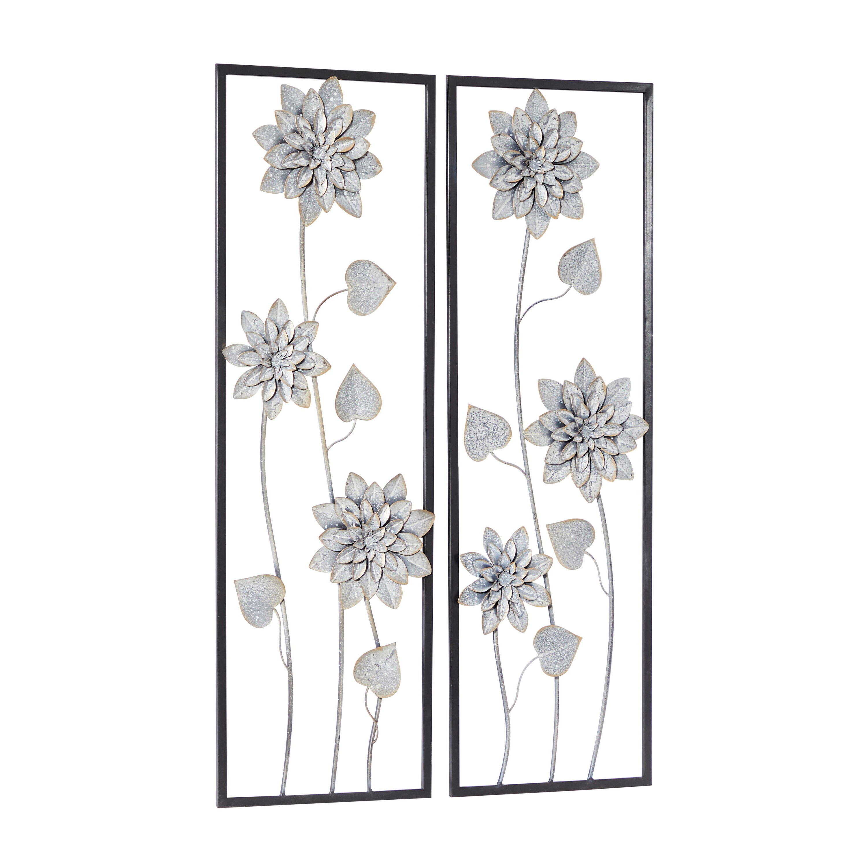 Gray Metal Floral Wall Sculpture with Black Frame, Set of 2