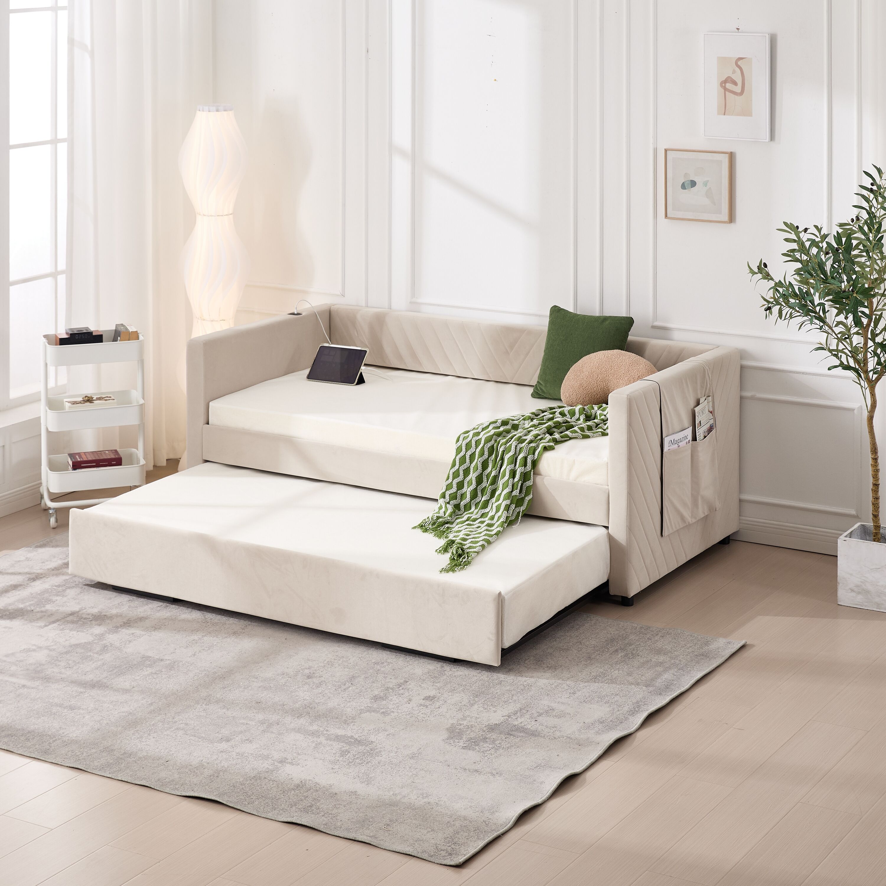 LOVMOR - Twin Size Upholstered Daybed with TrundleUSB Port Side Pockets Modern V grained backres...