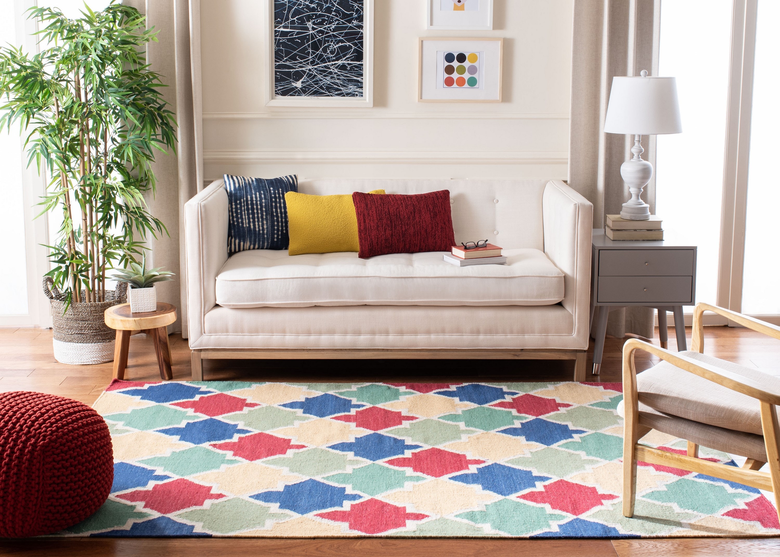 Blue and Multi Geometric Wool Flat Woven Area Rug, 3' x 5'