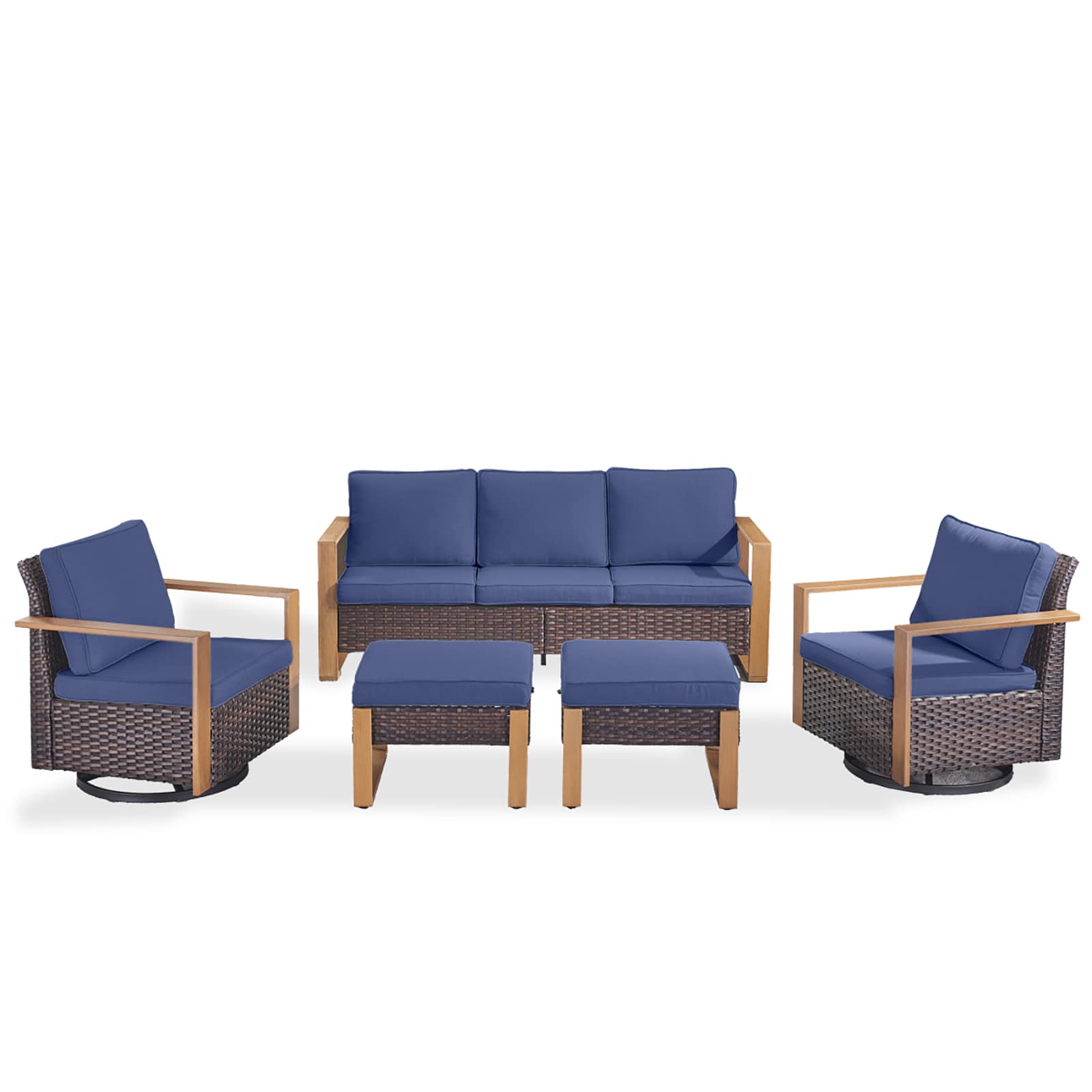 Rilyson FS126130136-1 5 -Piece Wicker Patio Sofa Conversation Set with Blue Cushions